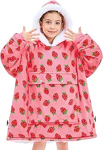 yescool Wearable Blanket Hoodie Kids, Oversized Blanket Sweatshirt with Sherpa Teen Girl Gifts for Kids, Youth, Boys, Girls, 8-15 Year Old Girl Boy Gift Warm Wearable Blankets, One Size, Strawberry