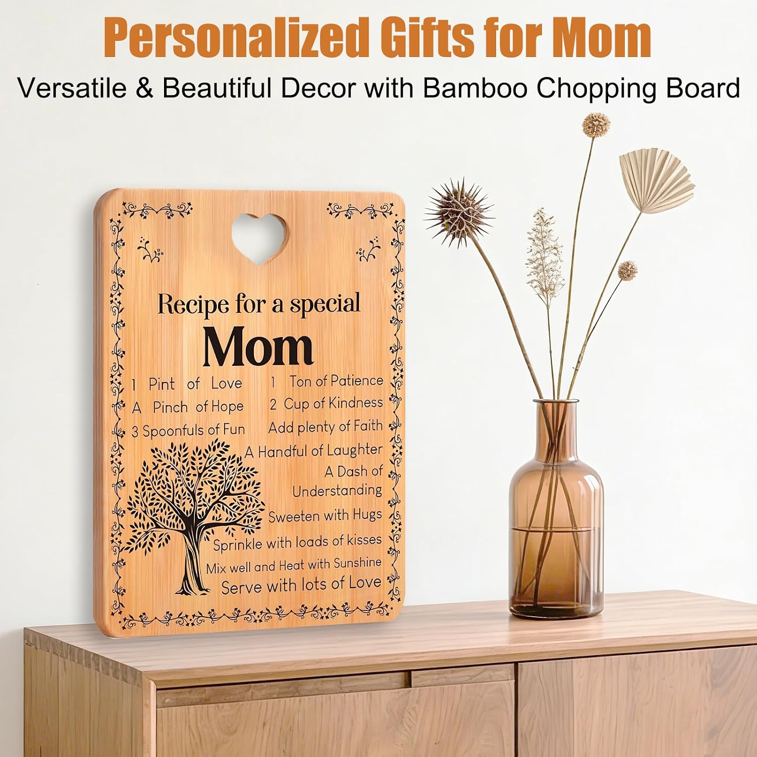 Birthday Gifts for Mom from Daughter, Mom's Recipe Bamboo Cutting Board Set