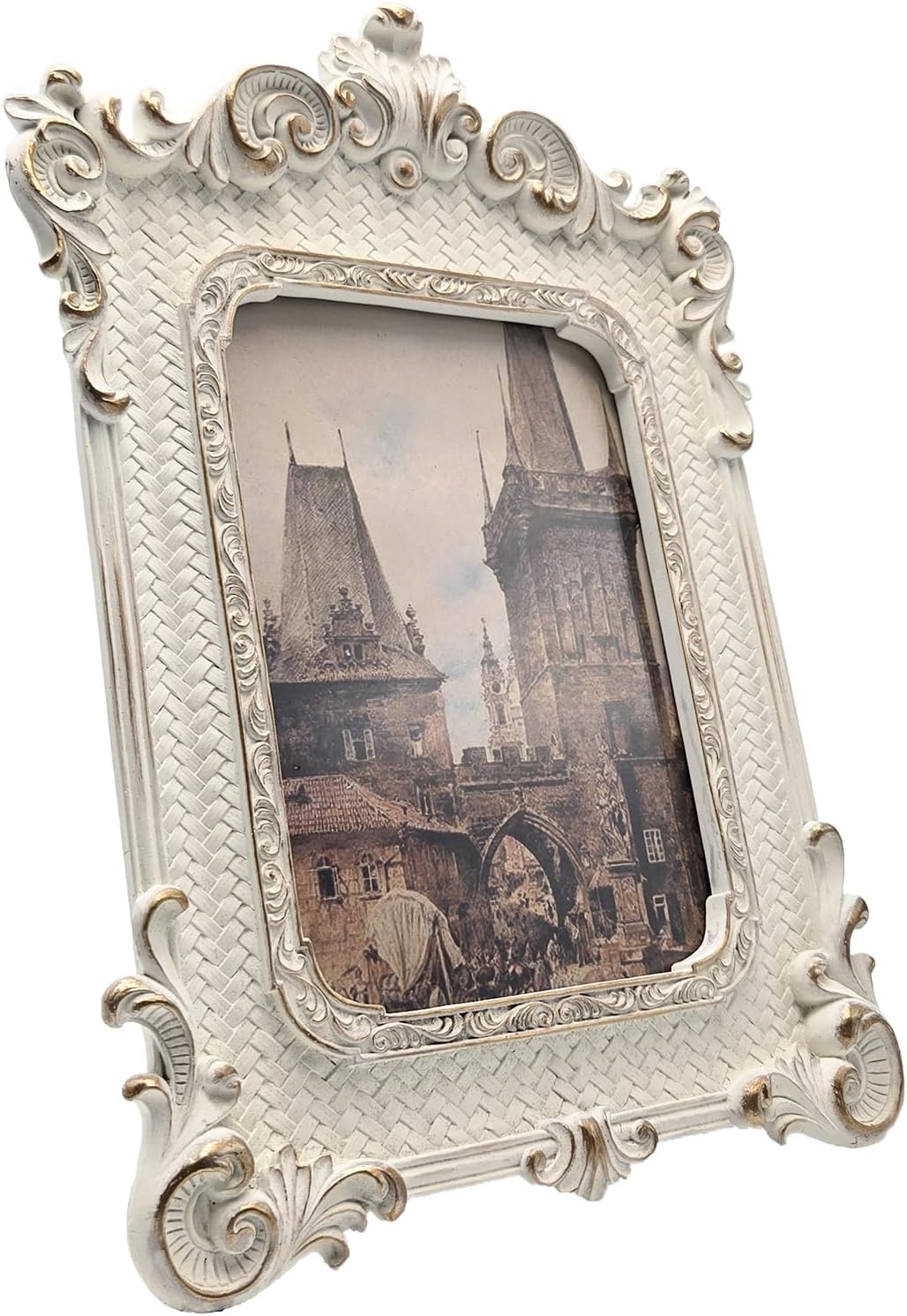 CISOO 5x7 Vintage Picture Frame Antique Ornate White with Gold Gothic Photo Frame, for Table Top and Wall Display, Retro Home Decor, Photo Gallery Art