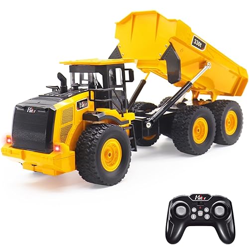 QuirkyGlee RC Dump Truck, 11 Ch Remote Control Dump Truck Toy with Sound LED Lights & Liftable Tipper, 1:16 Scale RC Truck for Boys Age 4-7, Construction Vehicle Toy Machine Model