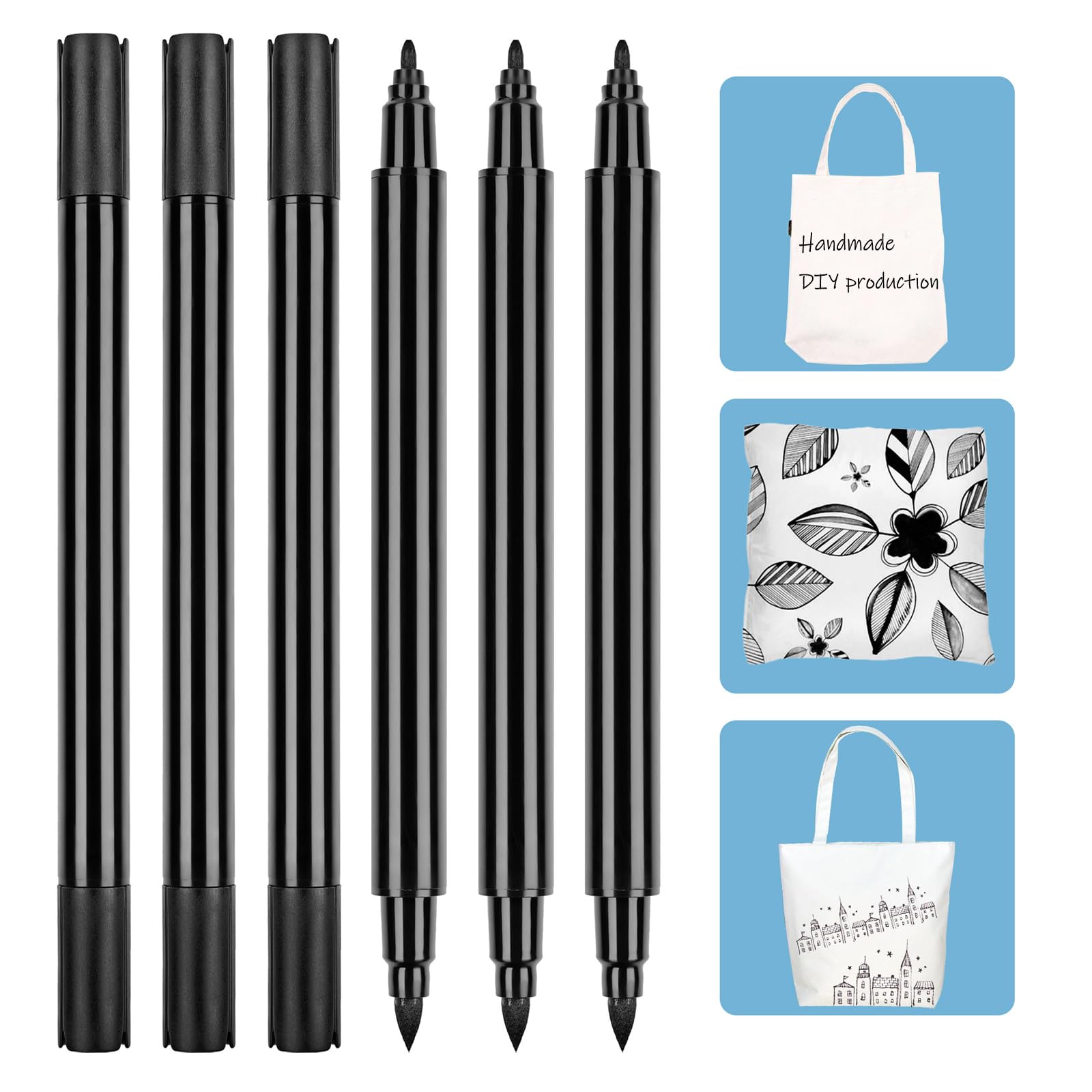 6 Rotulador Textil Permanente,Lavable en la lavadora,doble cabeza negro Rotuladores Adecuado para camisetas blancas, bolsas de pintura, sombreros, bolígrafos de tela y zapatos de lona blancos.
