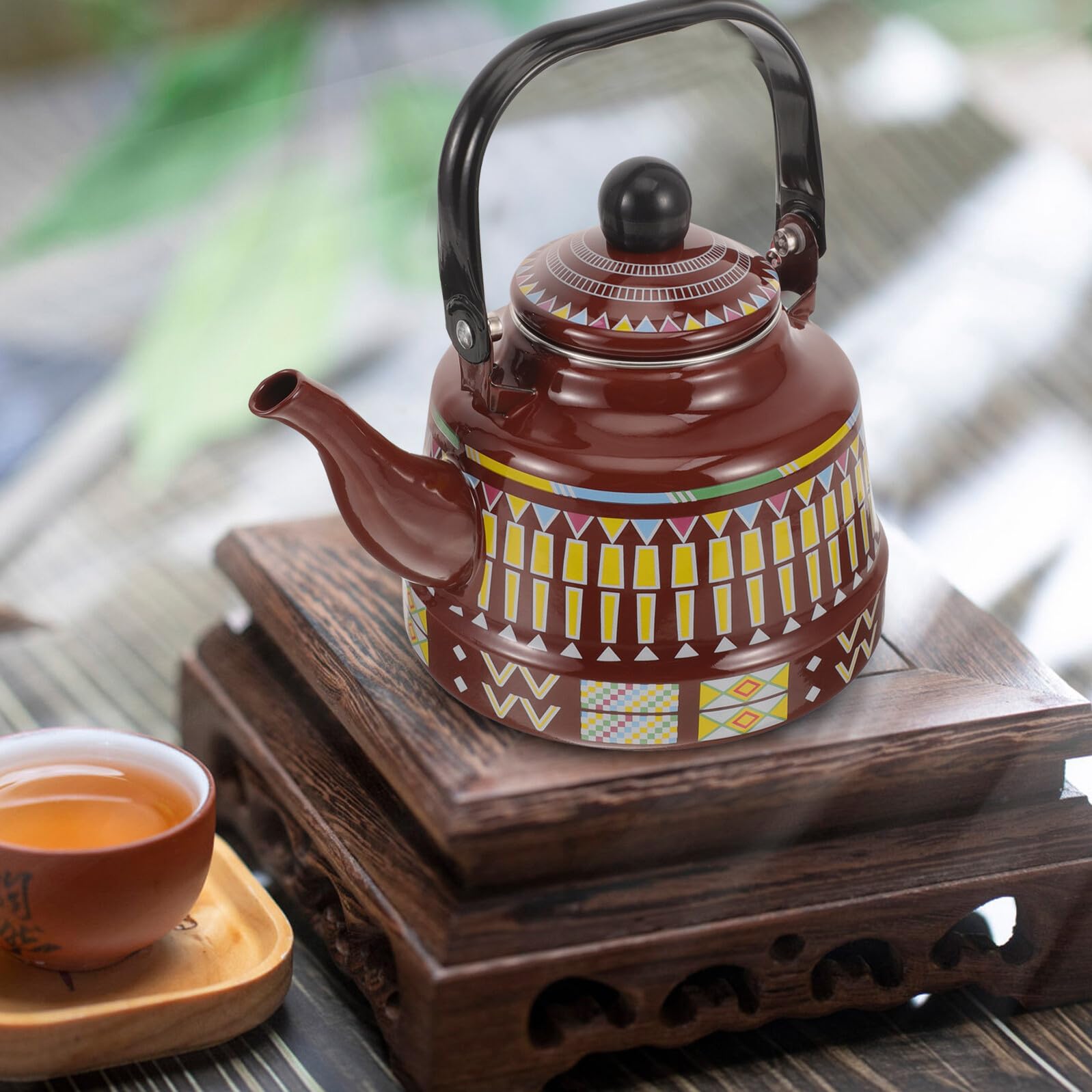Homoyoyo Hervidor de Agua Vintage 1,7 Litros Esmaltado Tetera para Estufa Asa Tetera para Cocina Uso Diario Camping y Hogar Diseño Geométrico Marrón