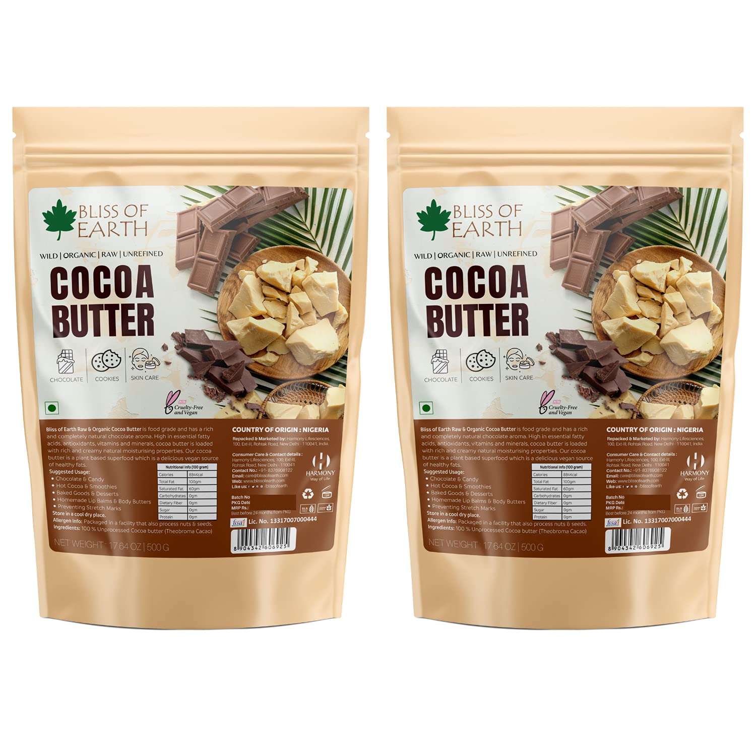 Cocoa Butter Food Grade for Baking, 100% Pure Organic & Natural Body Butter, Unrefined & Vegan Cocoa Butter for Stretch Marks, lip Balms, Hair Mask, Skin Moisturizer – pack of 2x500g