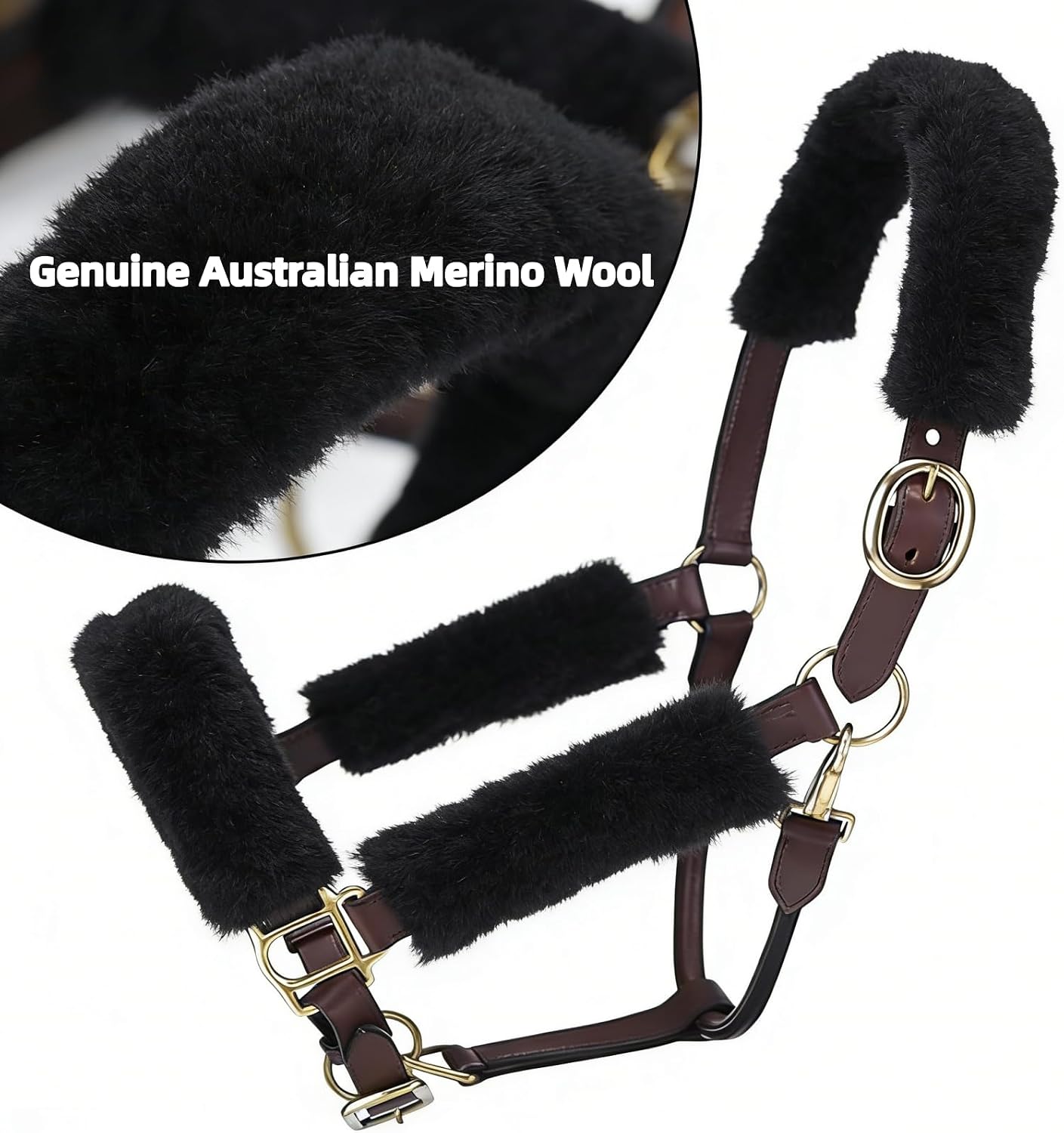 Genuine Wool Horse Halter Cover, 4 PCS Merino Sheepskin Horse Halter Set