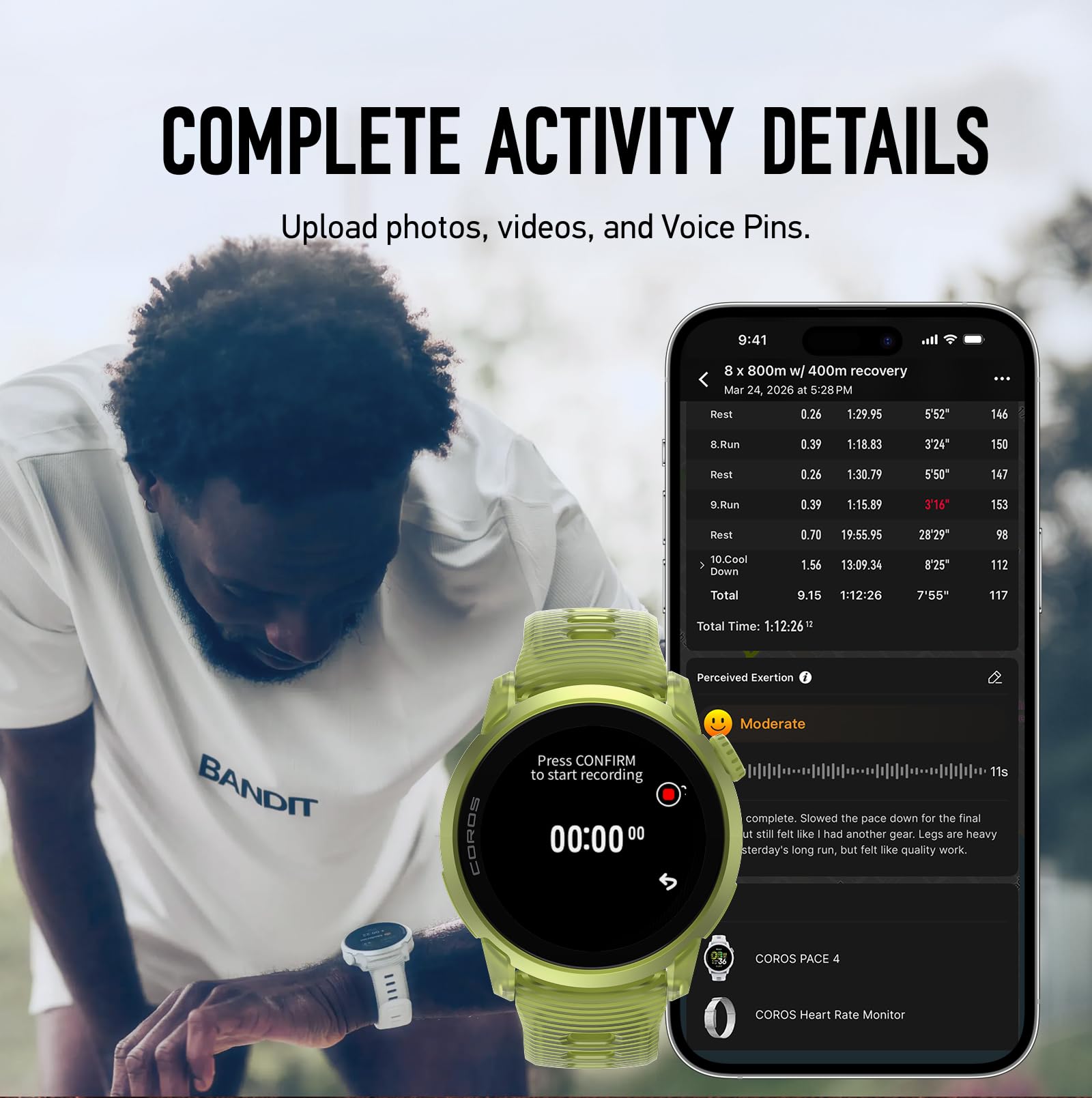 COROS PACE 4 Ultralight sportowy zegarek GPS - neonowy żółty silikon | 1,2-calowy ekran dotykowy AMOLED, 19 dni codziennego użytkowania, sterowanie głosowe, zaawansowane narzędzia treningowe