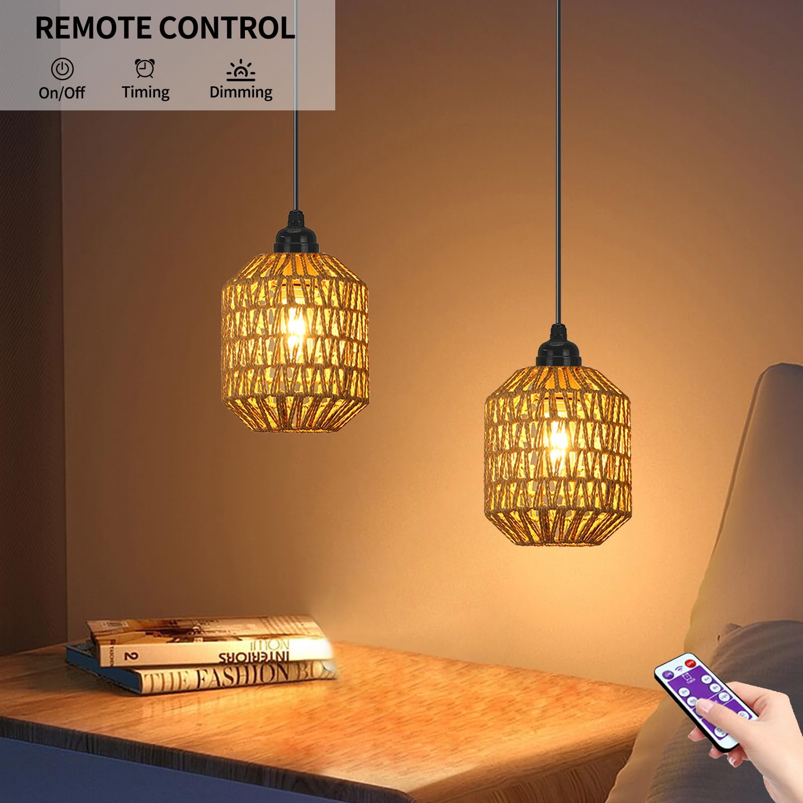 Suspension Luminaire,2 Pièces Suspensions en Rotin,Lampe Suspendue avec Télécommande,Lampe Suspension Rétro,Rotin Insert Suspension,pour l'intérieur,l'extérieur,le Jardin,le Balcon