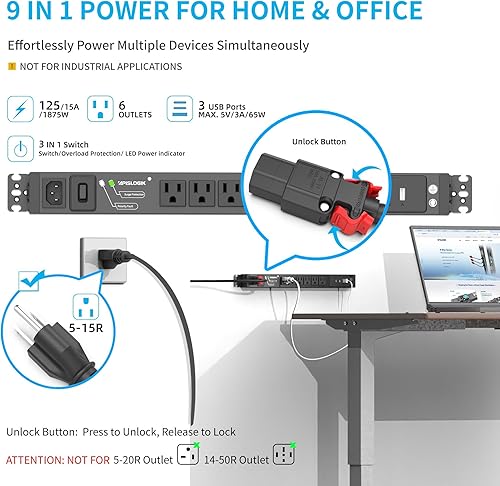 Miniatura 4 de Tira de alimentación de escritorio resistente de carga rápida de 65 W, 3 puertos USB, 6 tomas NEMA 5-15R con interruptor para el hogar, oficina,