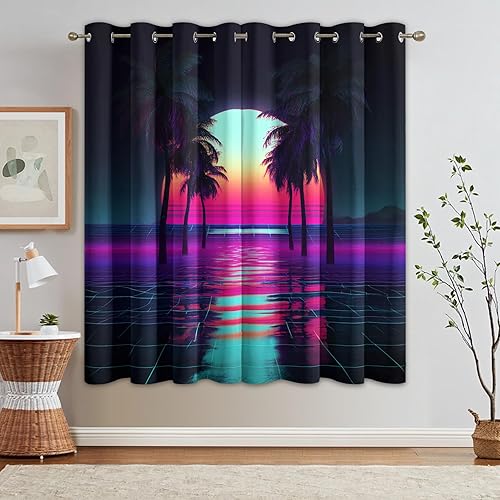 Miniatura 9 de Retro Neon Synthwave Curtains 63 Inch 2 Panel Set, 95% Blackout Curtains City Skyline Pattern, Retro Neon Synthwave Decor for Living Room Bedroom,