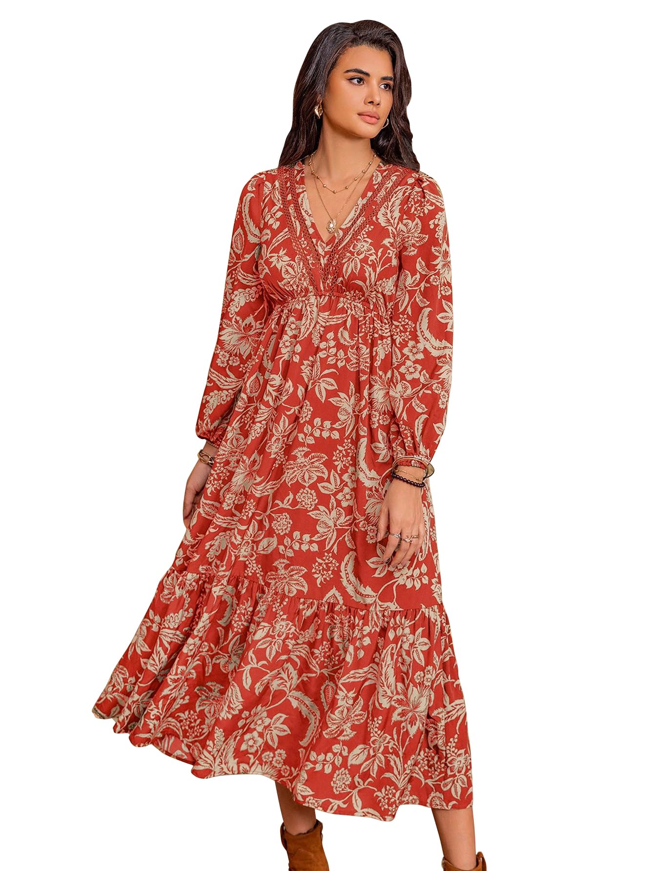 Women’s & Girl's Boho Floral Midi Dress – V-Neck A-Line Long Sleeve Dress, Relaxed Fit Tiered Hem Western Dress for Party, Wedding, Festive & Casual Occasions (Dress 280)-image-46