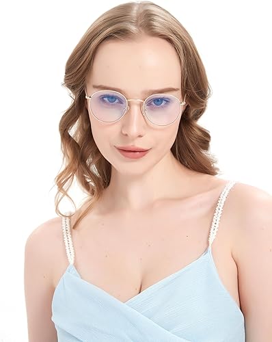 Miniatura 2 de JFXQDR Gafas redondas con bloqueo de luz azul para mujeres y hombres, marco de alambre de metal, lentes de computadora antirreflejos y UV RF5002