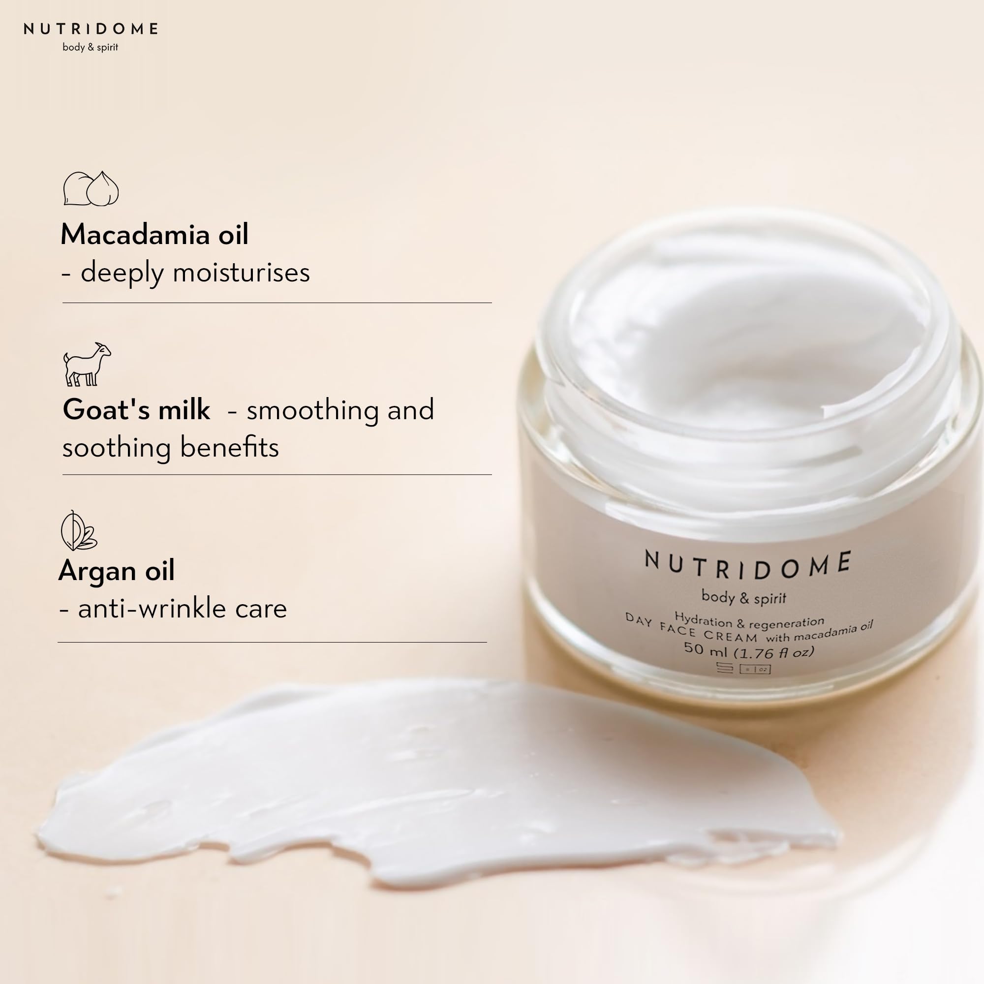Nutridome Face Cream 50 ml, Anti-wrinkle Cream with Macacamia and Argan oil, Goat's Milk, Aloe extract, Day Cream Moisturiser - Image 4