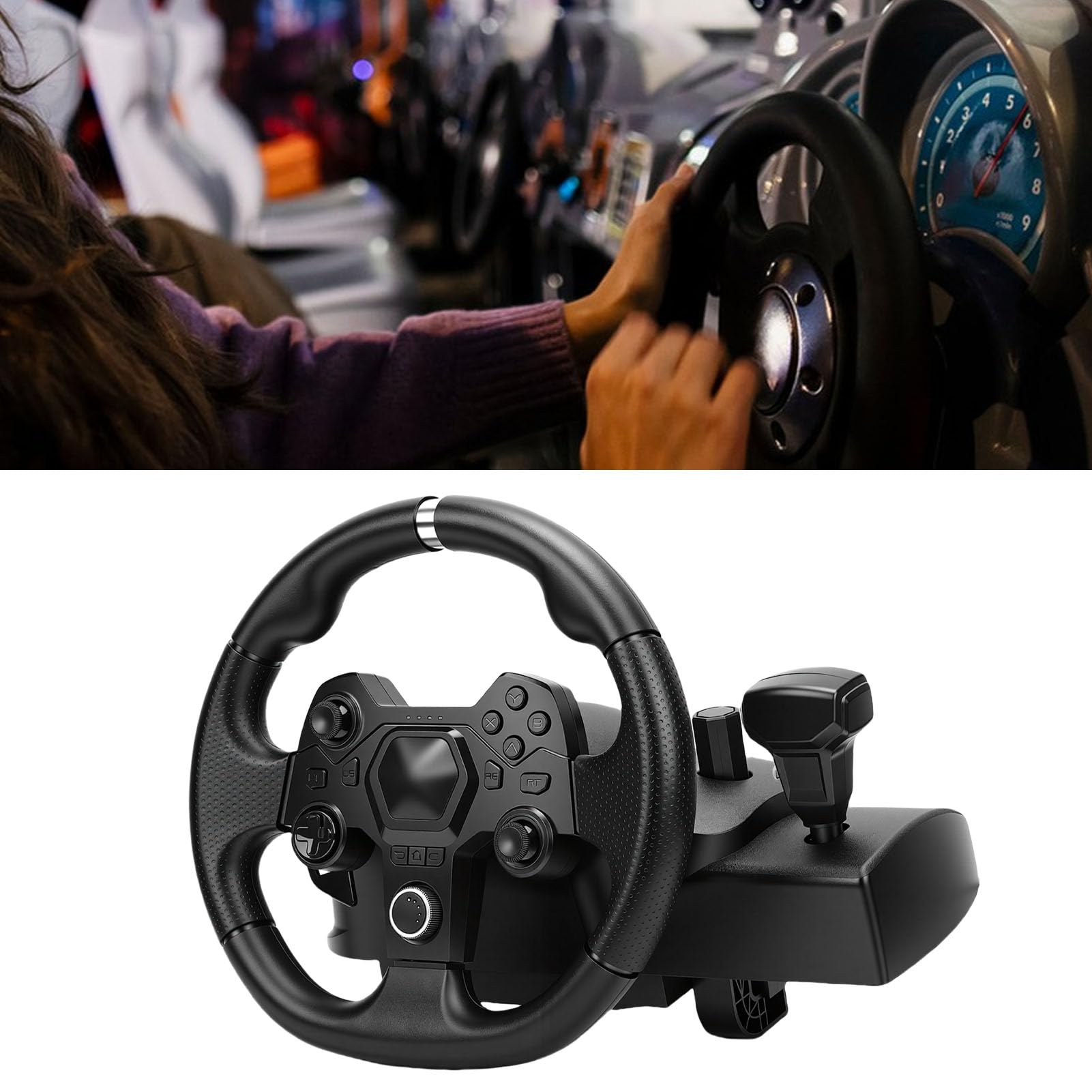 Plyisty Juego de Volante para Videojuegos, Volante de Carreras Driving Force de 11 Pulgadas y Pedales de Suelo, Abrazadera G, Compatible con Consola de Juegos de PC Android