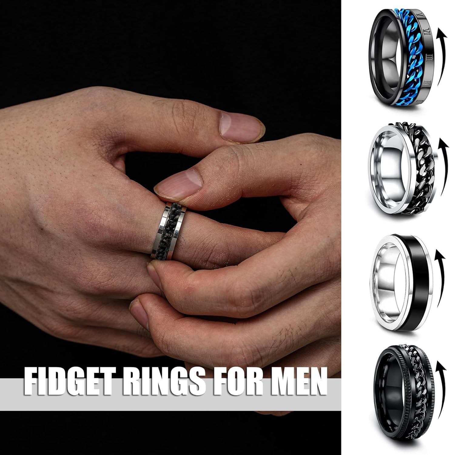 EIELO 16Pcs Stainless Steel Band Rings for Men Cool Black Golden Silvery Plated Rings Comfort Fit Fidget Spinning Chain Ring Fashion Simple Mens Wedding Engagement Ring Set - Image 3