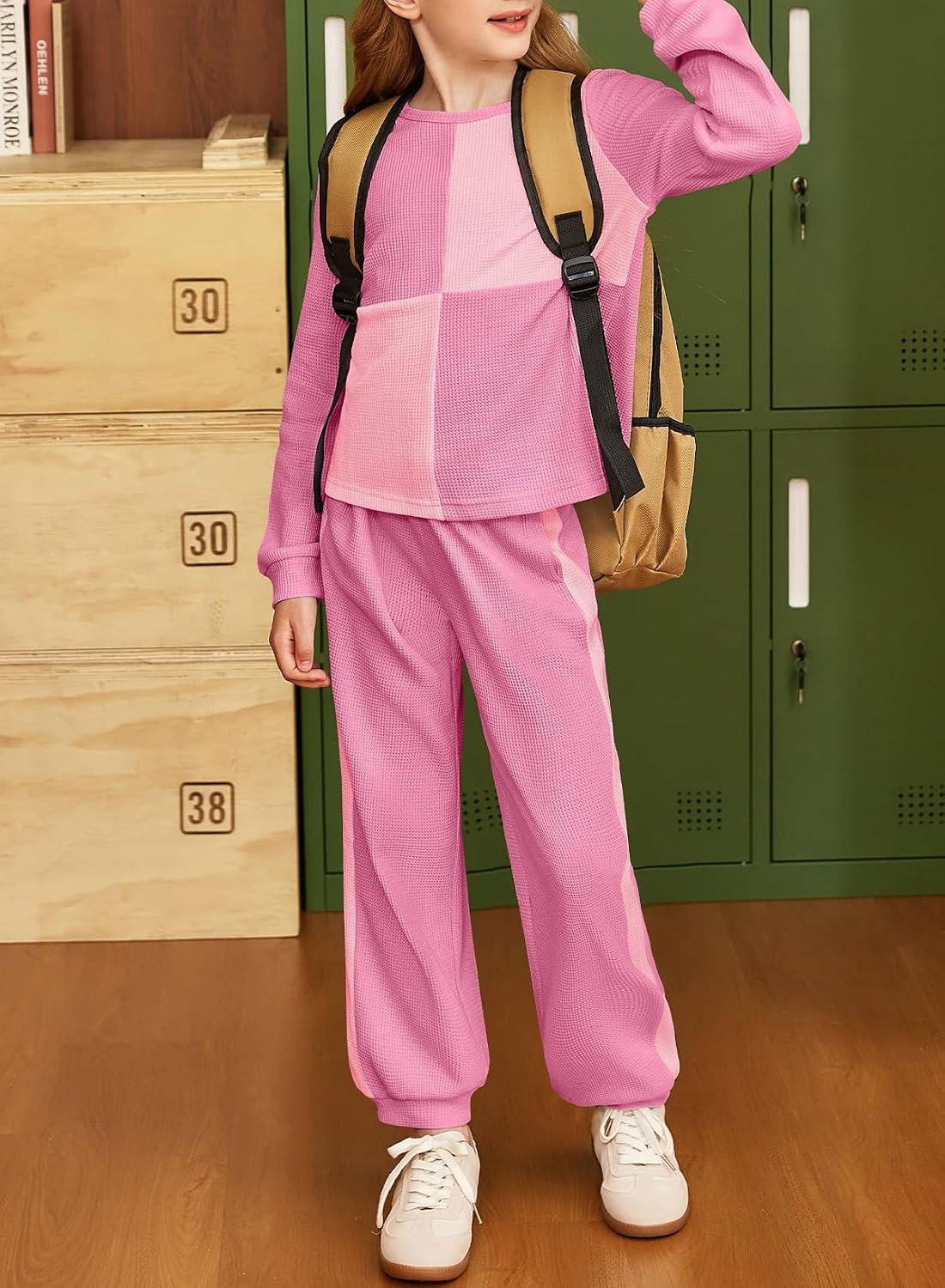 blibean Girls Fall Sweatsuit Waffle Colorblock Outfits Sets Size 6-15 Years | Kids Casual Sweatshirts and Joggers Pants Clothes Sets, Long S leeve Round Neck Tops , Pants With 2 Pockets,Back to School