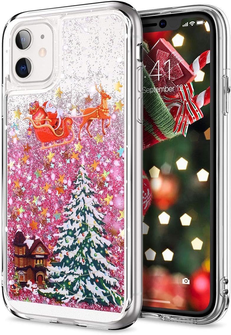CinoCase iPhone 11 Case 3D Liquid Case [Christmas Collection] Flowing Quicksand Moving Stars Bling Glitter Snowflake Christmas Tree Santa Claus Pattern Hard Case for iPhone 11 6.1 inch Pink