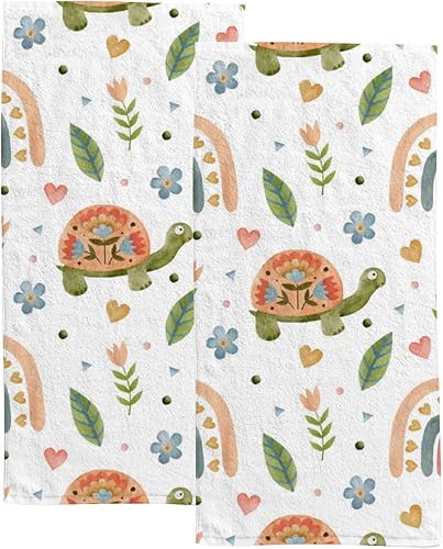 TsingZa Paquete de 2 toallas de mano con diseño de tortuga y arcoíris para baño, de microfibra suave, absorbente, para la cara, acuarela, floral,