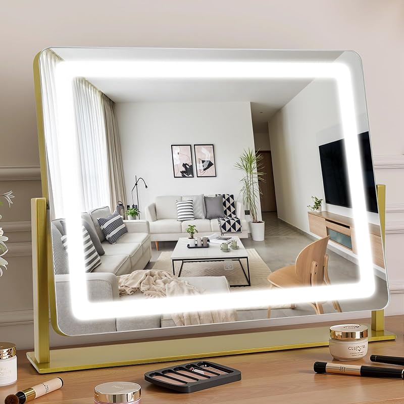 Espelho para maquiagem Bearolve com iluminação LED, 55,88 cm x 43,18 cm, controle touch, 3 cores de luz, ajuste de intensidade, rotação de 360°, dourado