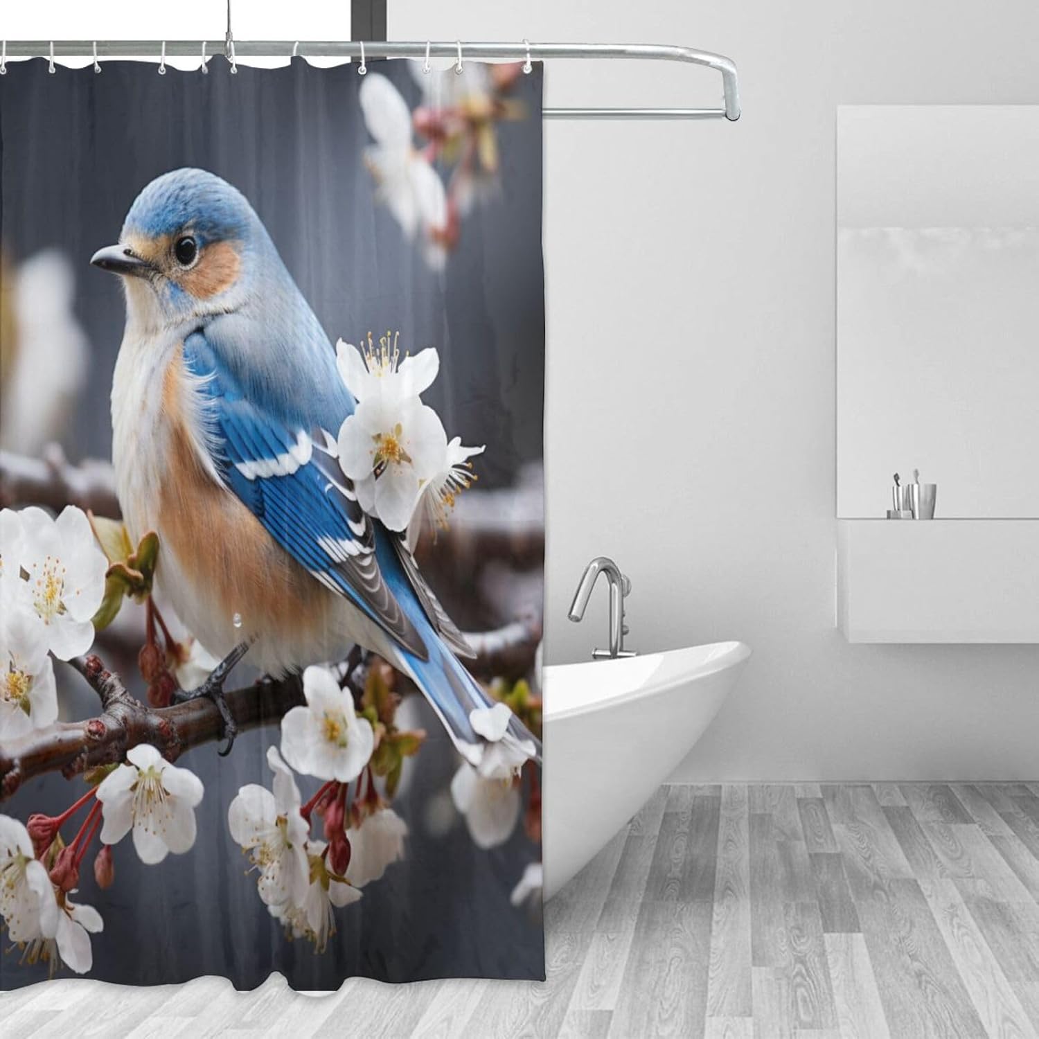 Blue Bird Shower Curtain for Bathroom, White Flower Cute Animals Boho Shower Curtain Set, Abstract Fabric Modern Waterproof Bathroom Decor with 12 Hooks 72x72in YLATY6186