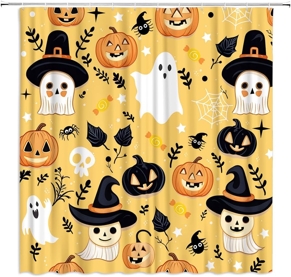 Happy Halloween Shower Curtain Funny Cute Ghosts Horror Pumpkin Skoopy Skull Bat Spider Trick or Treat Cartoon Holiday Party Bathroom Curtains Polyester Fabric Set with Hooks 106Wx70H Inch
