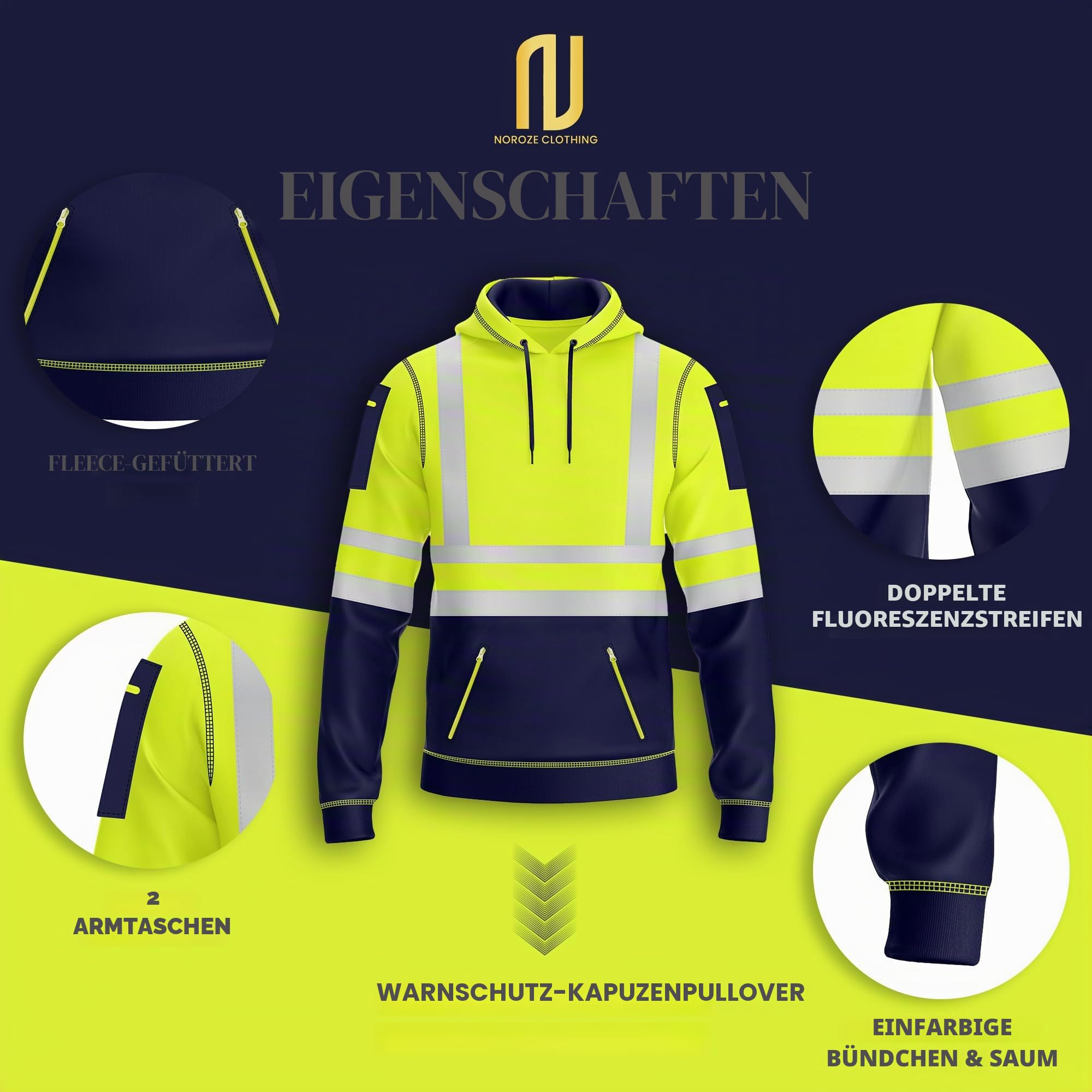 NOROZE Hi-Viz-Pullover-Kapuzenpulli, grau, reflektierendes Band, gut sichtbarer Sicherheitsmantel mit 4 Reißverschlüssen, Sweatshirt-Top-Jacke für Herren