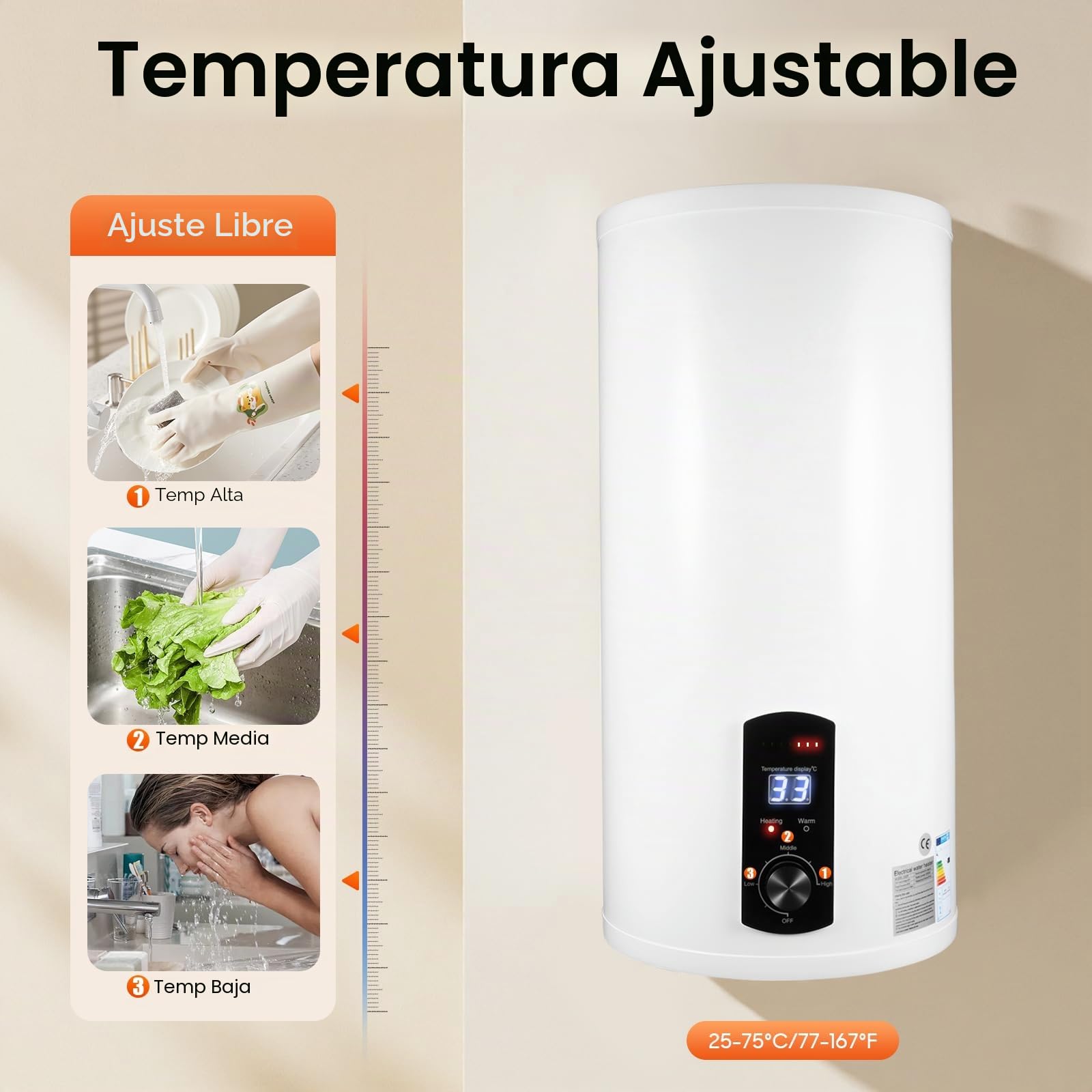 Termo Eléctrico 50 Litros, Calentador de Agua Eléctrico Vertical Seguro Duradero con Luz Piloto y Ducha de Mano, 34 x 71 cm - Termo de Agua Electrico para Tanques de Cocina, Baños