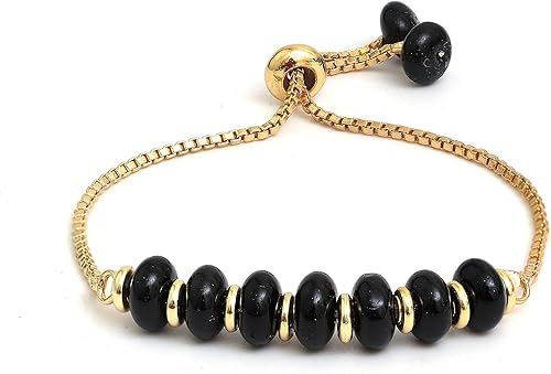 Vista 9 de Gempires - Pulsera de cuentas redondas naturales, chapada en oro amarillo de 14 quilates, joyería hecha a mano, pulseras ajustables para mujer
