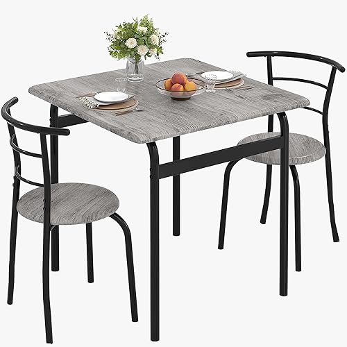 VECELO Juego de mesa y sillas de comedor de 3 piezas para 2, juego de comedor cuadrado de metal y madera para espacios pequeños, rincón de desayuno,