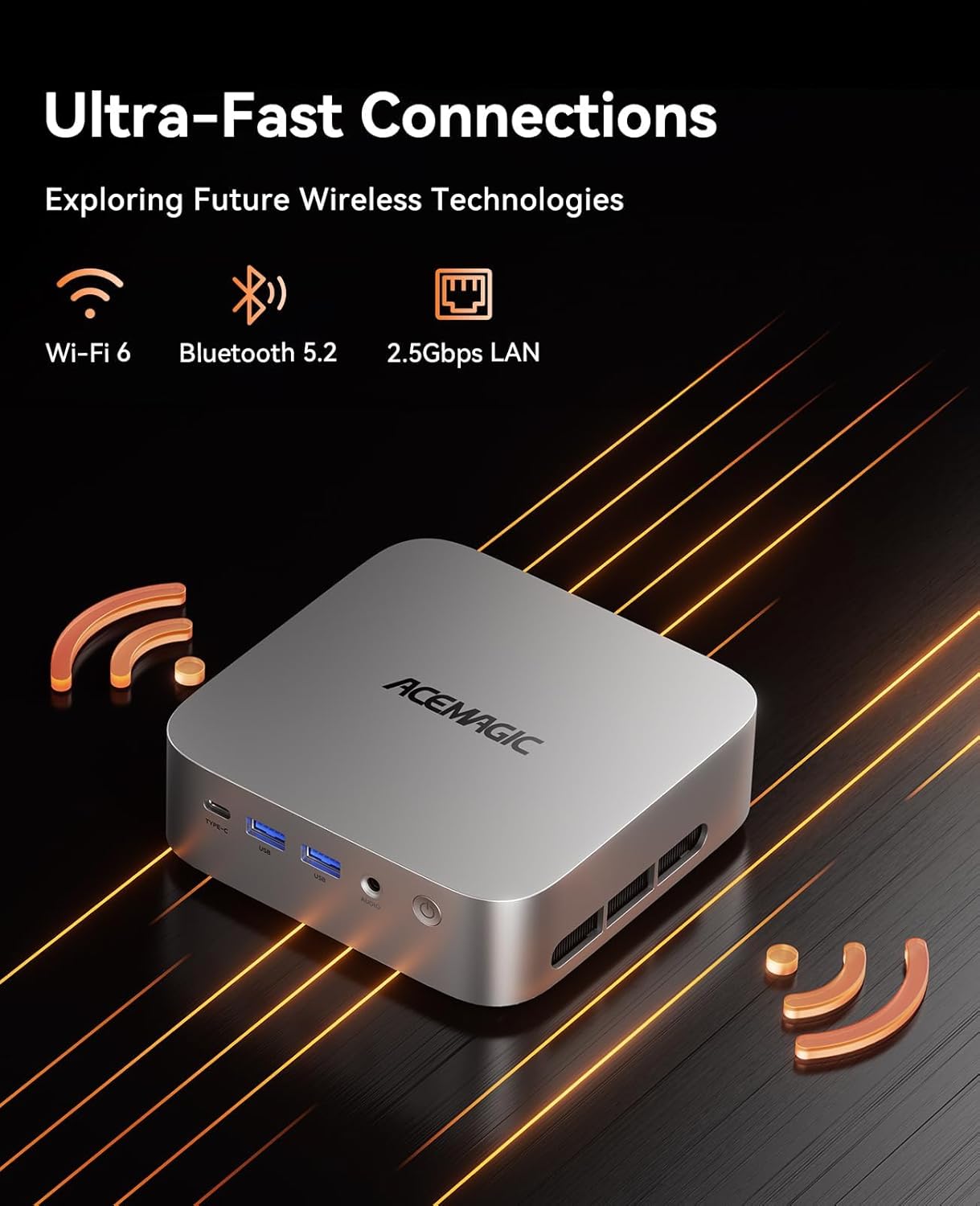 ACEMAGIC W1 Mini PC highlighting Wi-Fi 6, Bluetooth 5.2, and 2.5Gbps LAN