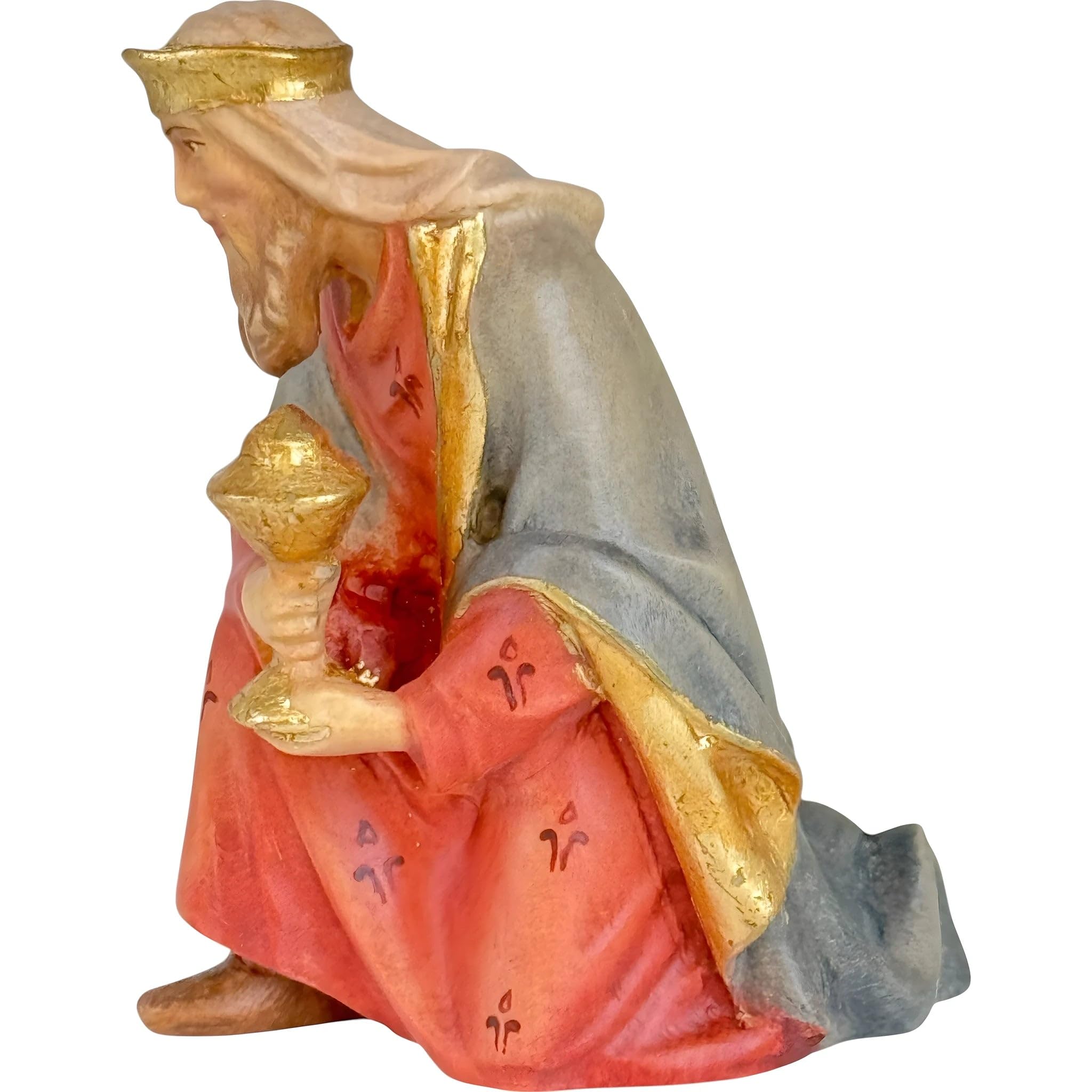 Dolfi | Gaspare re magio in ginocchio con incenso 15 cm | Legno Naturale in Val Gardena | Presepe e Natività