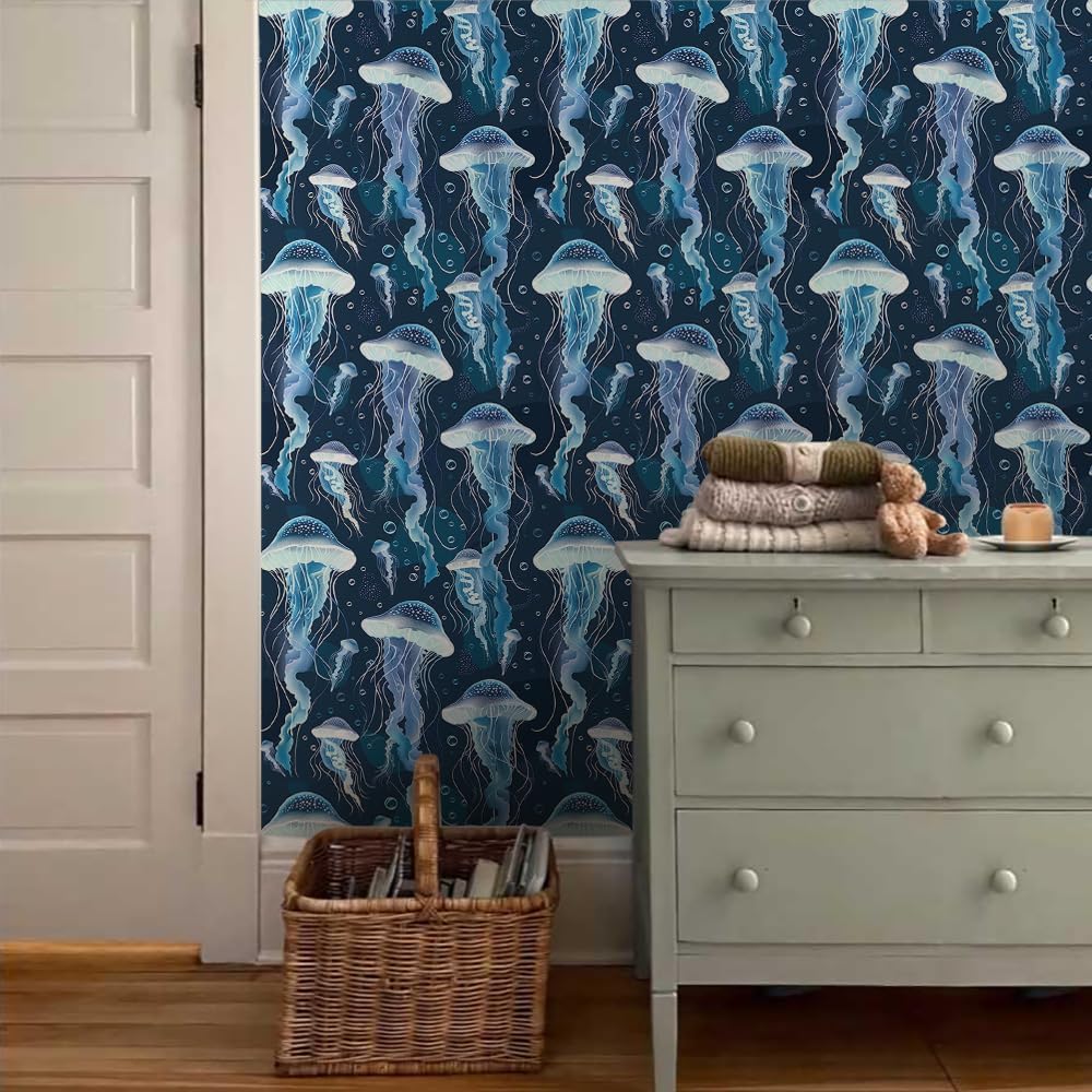 18"x236" Underwater Glittery Navy Blue Jellyfish Peel and Stick Self Adhesive Wallpaper Removable Contact Paper Stick on Easy Peel Off Wall Paper for Kitchen Bedroom Bathroom Renter