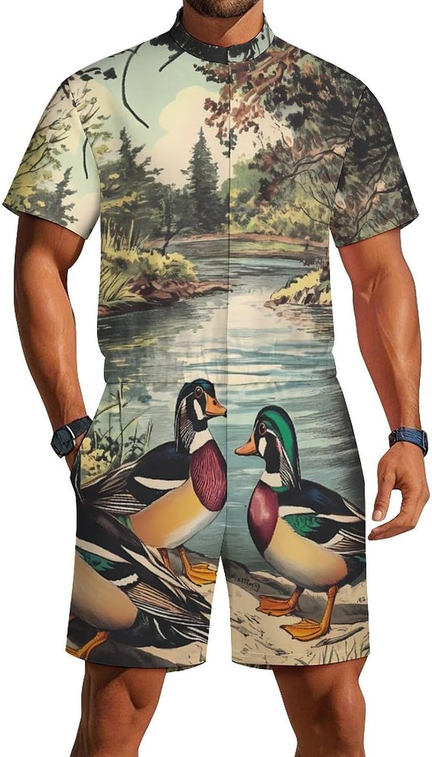 Vintage Spring Wild Ducks Mens Jumpsuit Short Sleeve Zip Up Coverall One Piece Garment
