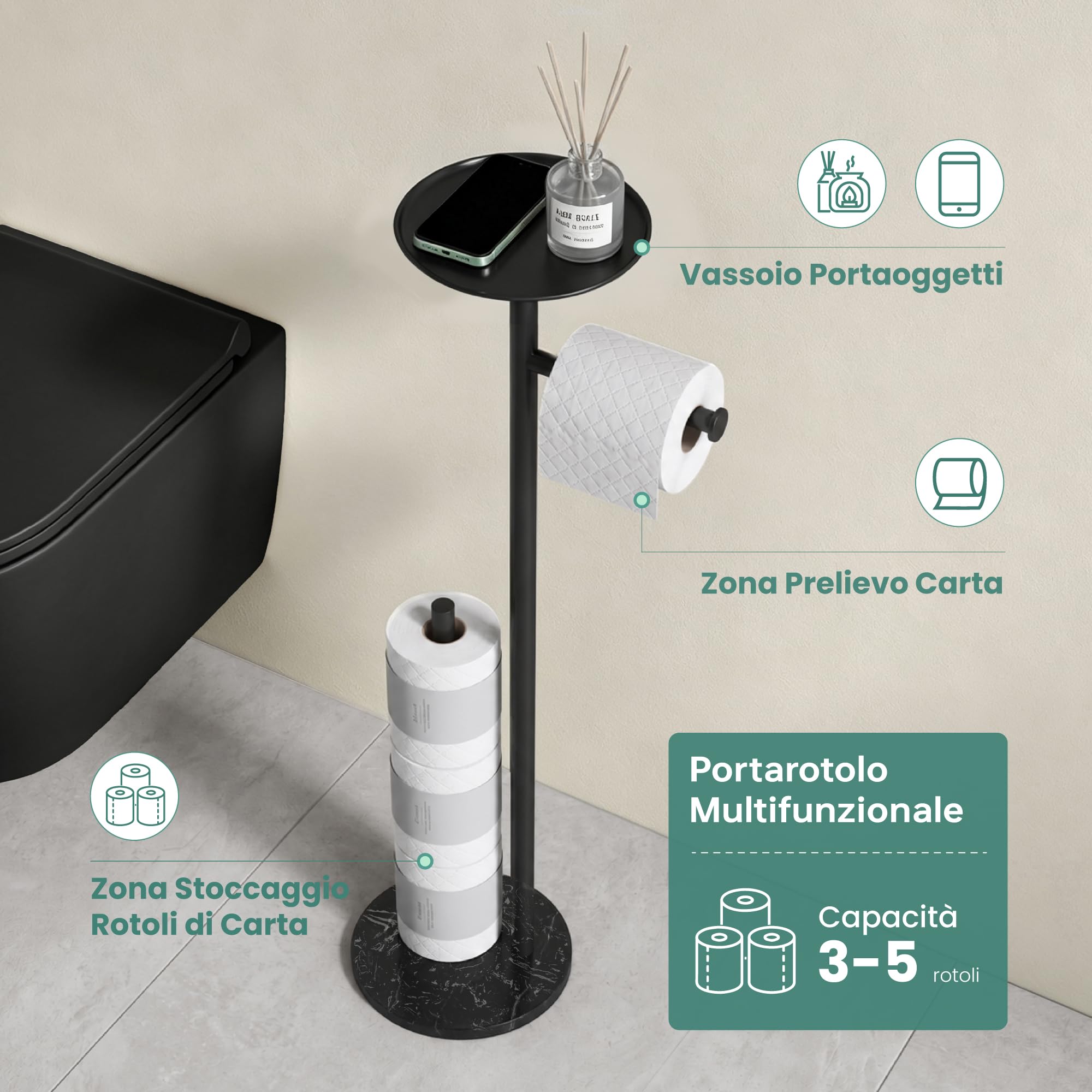 Mai & Mai Portarotolo Carta Igienica da Terra con Mensola, Nero | Portarotolo Autoportante con Ripiano Superiore, Inox 304+Marmo Fuso, Carico 5kg, 4 Cuscinetti Antiscivolo, Lino-06