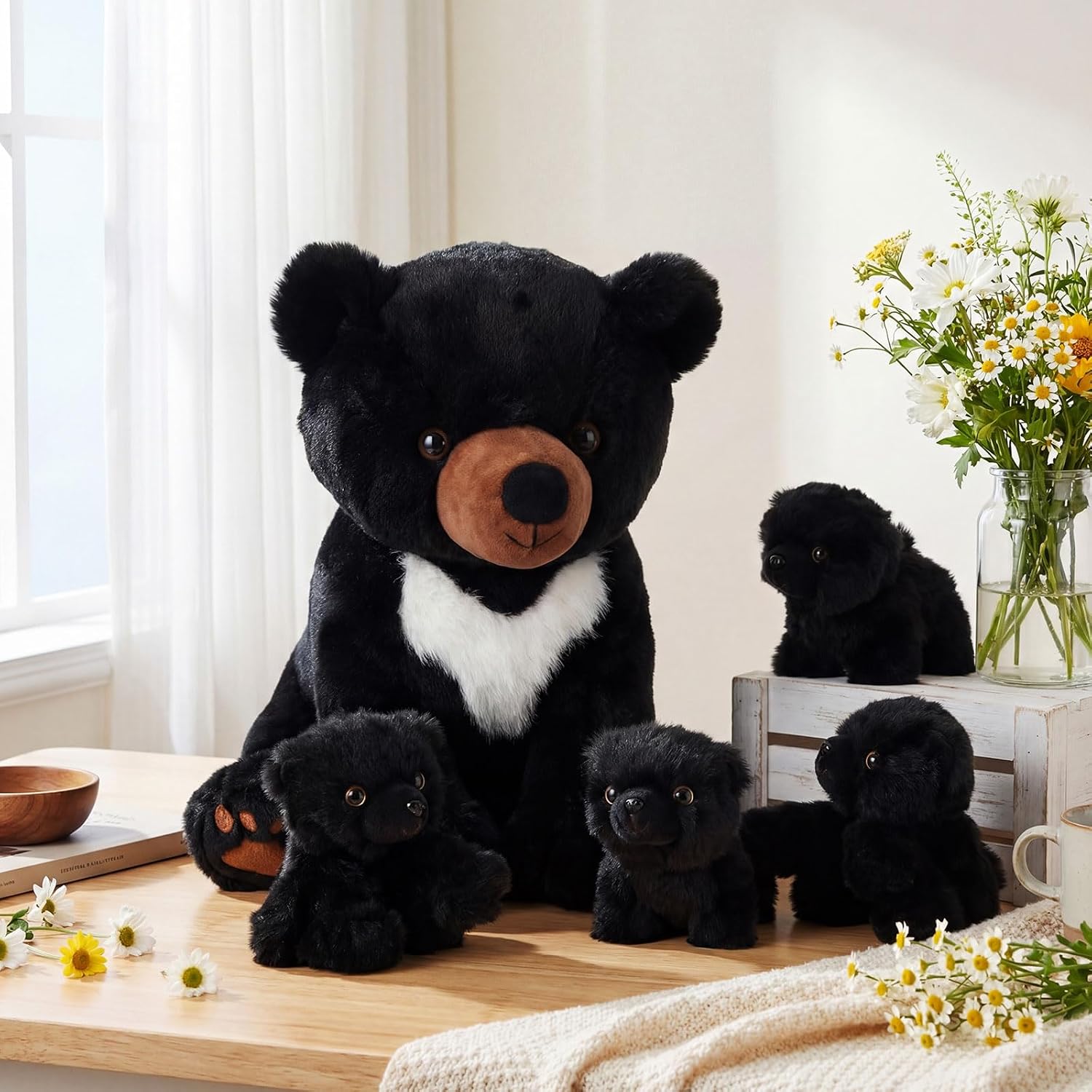 Leitee 5 Pcs Black Bear Stuffed Animal with Babies Inside Large Black Mommy Sitting Polar Bear Plush with 4 Cuddly Baby Plushies in Belly Gifts for Boys Girls Birthday Holiday Decorations