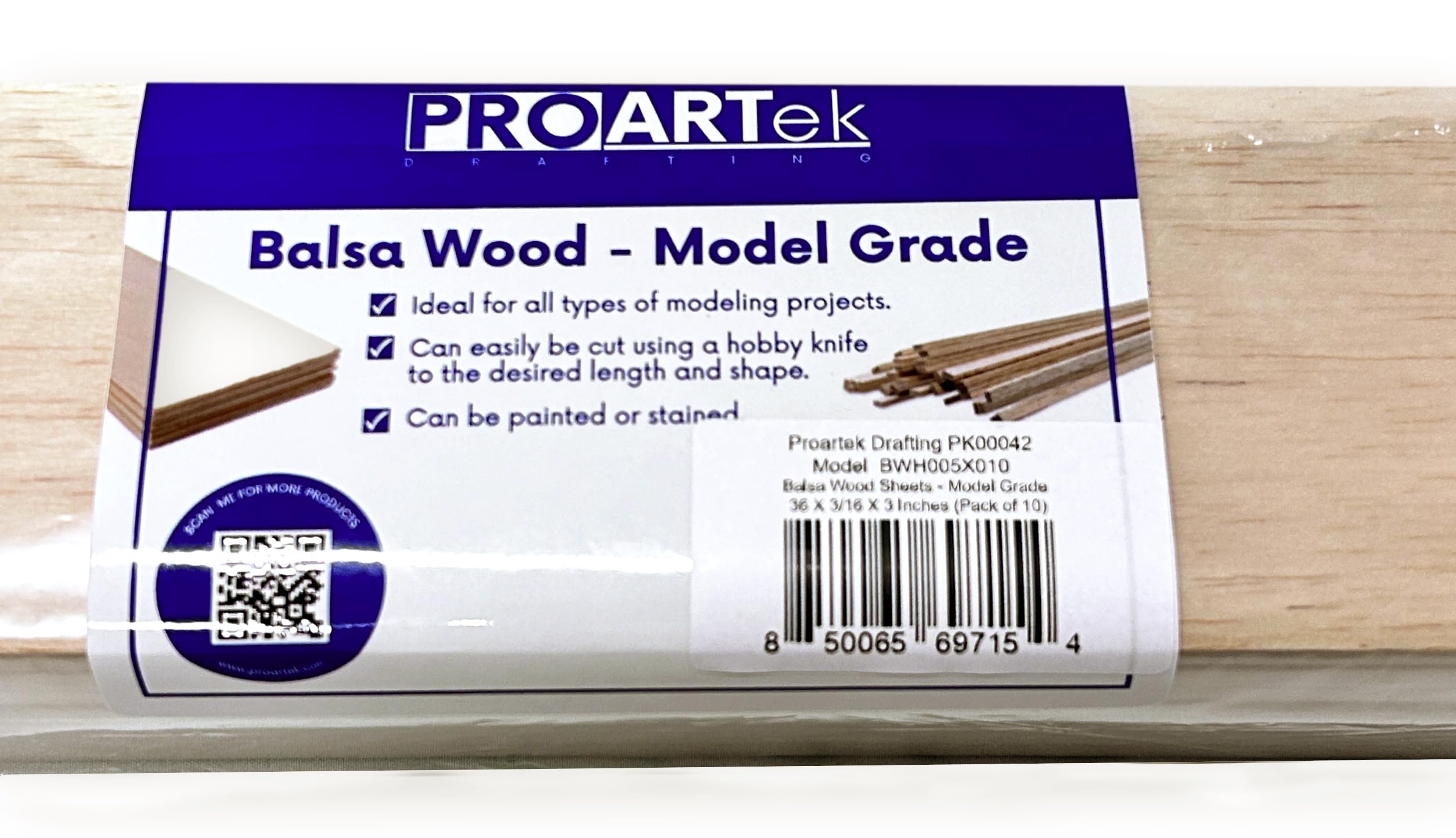 Proartek Drafting PK00042 Modelo BWH005X010 - Paquete de 10 hojas de madera de balsa, 36 x 3/16 x 3 pulgadas; hechas de balsa de grado modelo de color claro; ideal para manualidades y aplicaciones