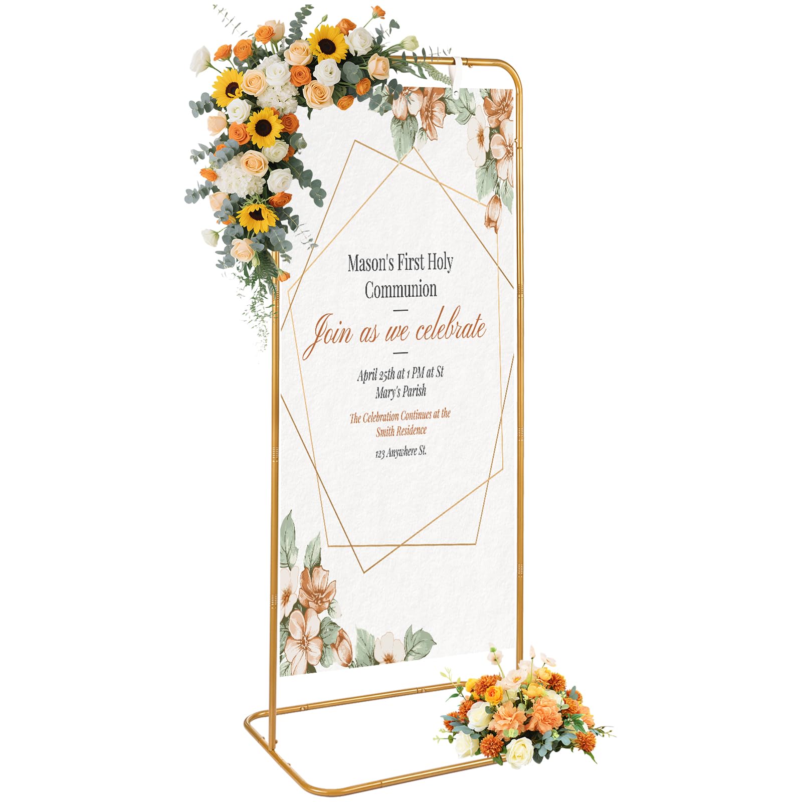 YEXEXINM Supporto per cartello di matrimonio, altezza regolabile, in metallo nero, con 4 cinghie in pelle, resistente, per classifiche dei posti, poster, cerimonie di laurea (oro)