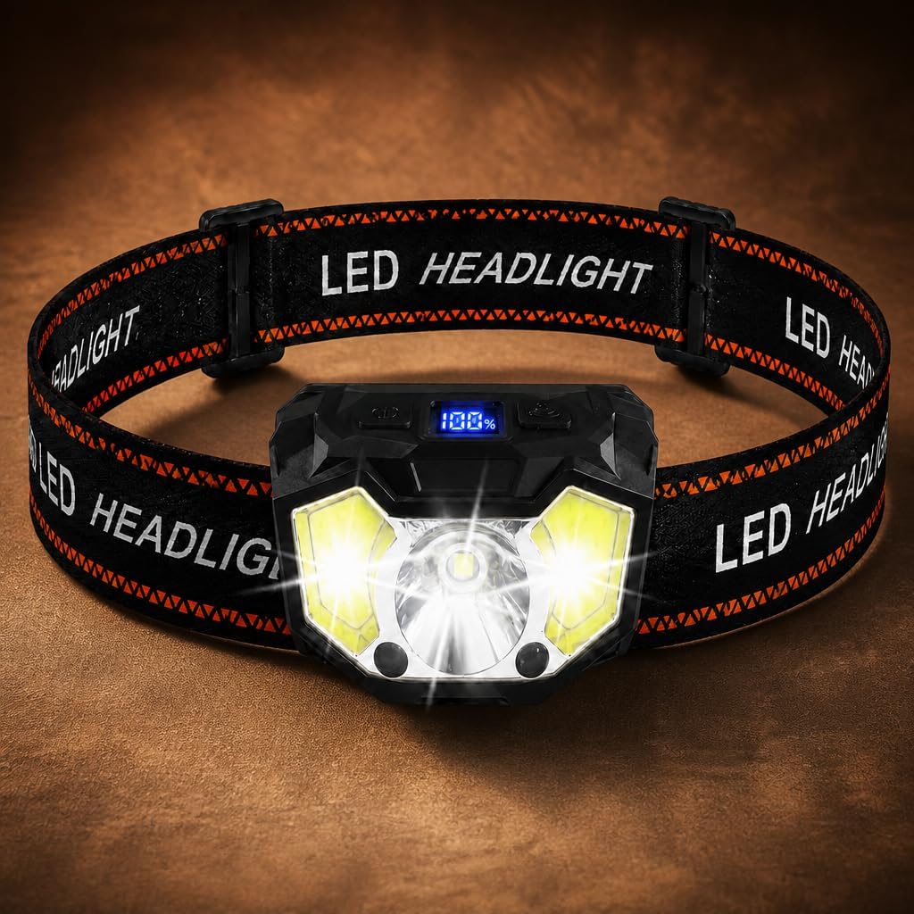 1‑Pack Rechargeable LED Headlamp, Super Bright Head Flashlight with 6 Lighting Modes & Motion Sensor, Waterproof Hands‑Free Light for Camping Running Hiking Outdoor Activities