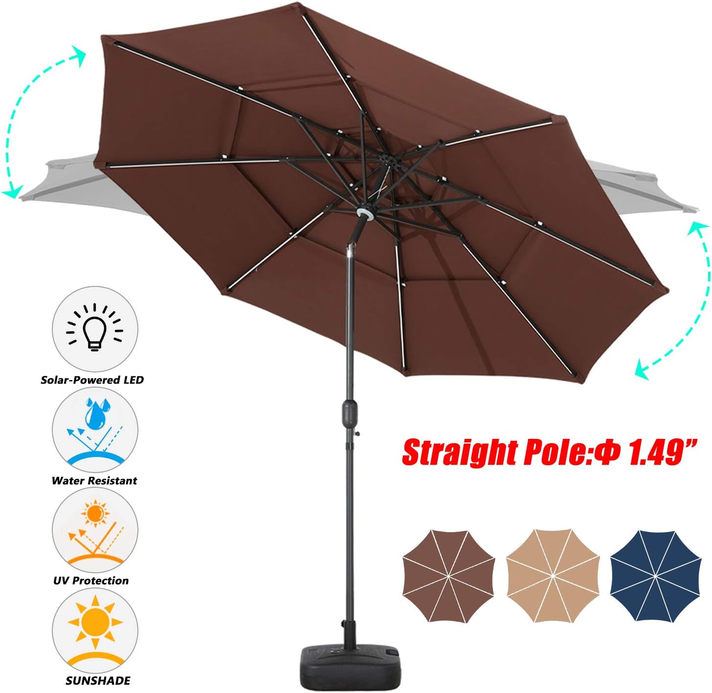 Festival Depot 8.8 FT Solar Patio Outdoor Umbrella with LED Lighted 360°Rotation Adjustment Tilt and Crank Outdoor Market Umbrella (8.8 FT Patio Umbrella and Base Coffee)