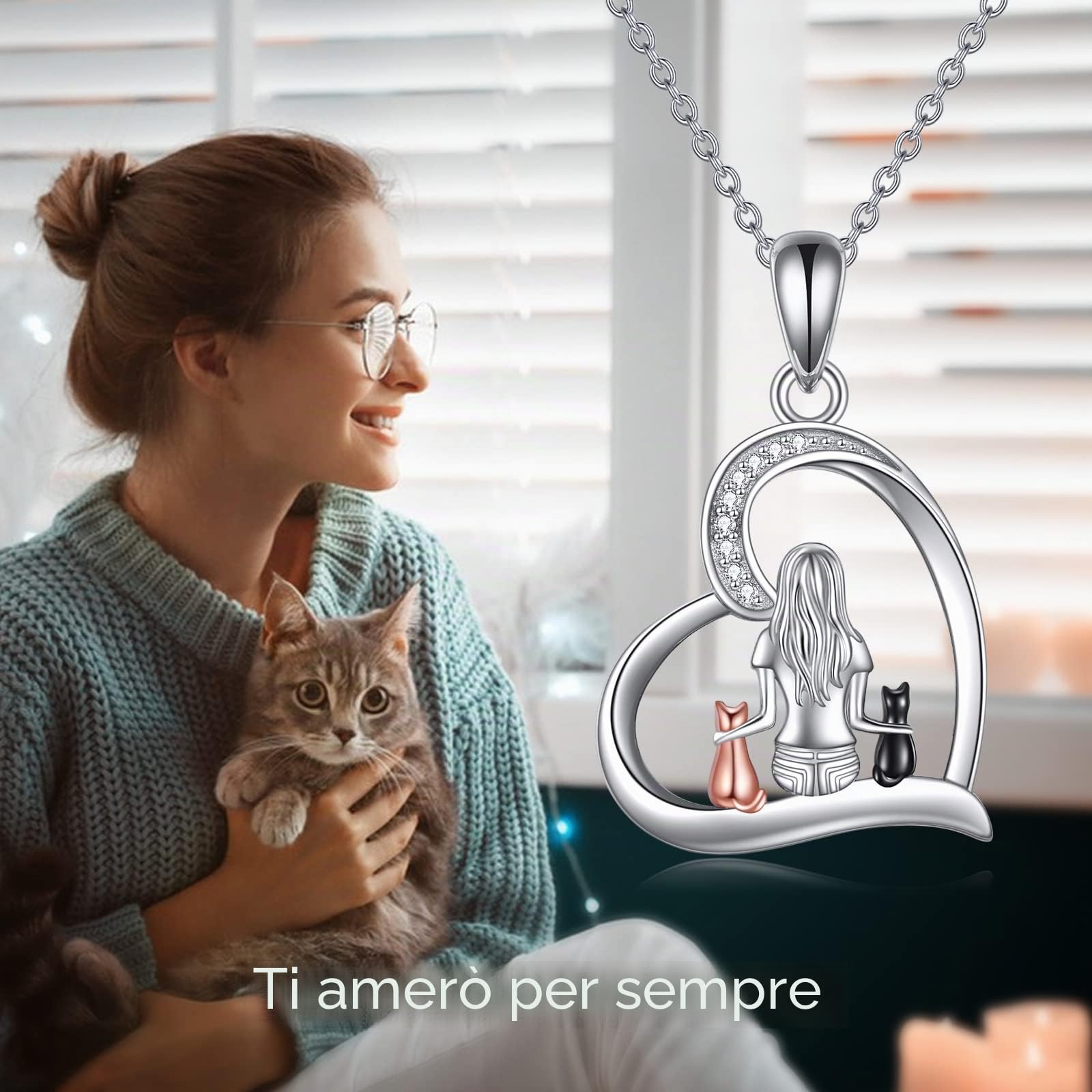 YFN Cat Necklace Jewellery Gifts for Women Girls 925 Sterling Silver Cat Pendant Necklace Gifts for Cat Lovers, Estándar, Argento sterling, Zirconia cubica