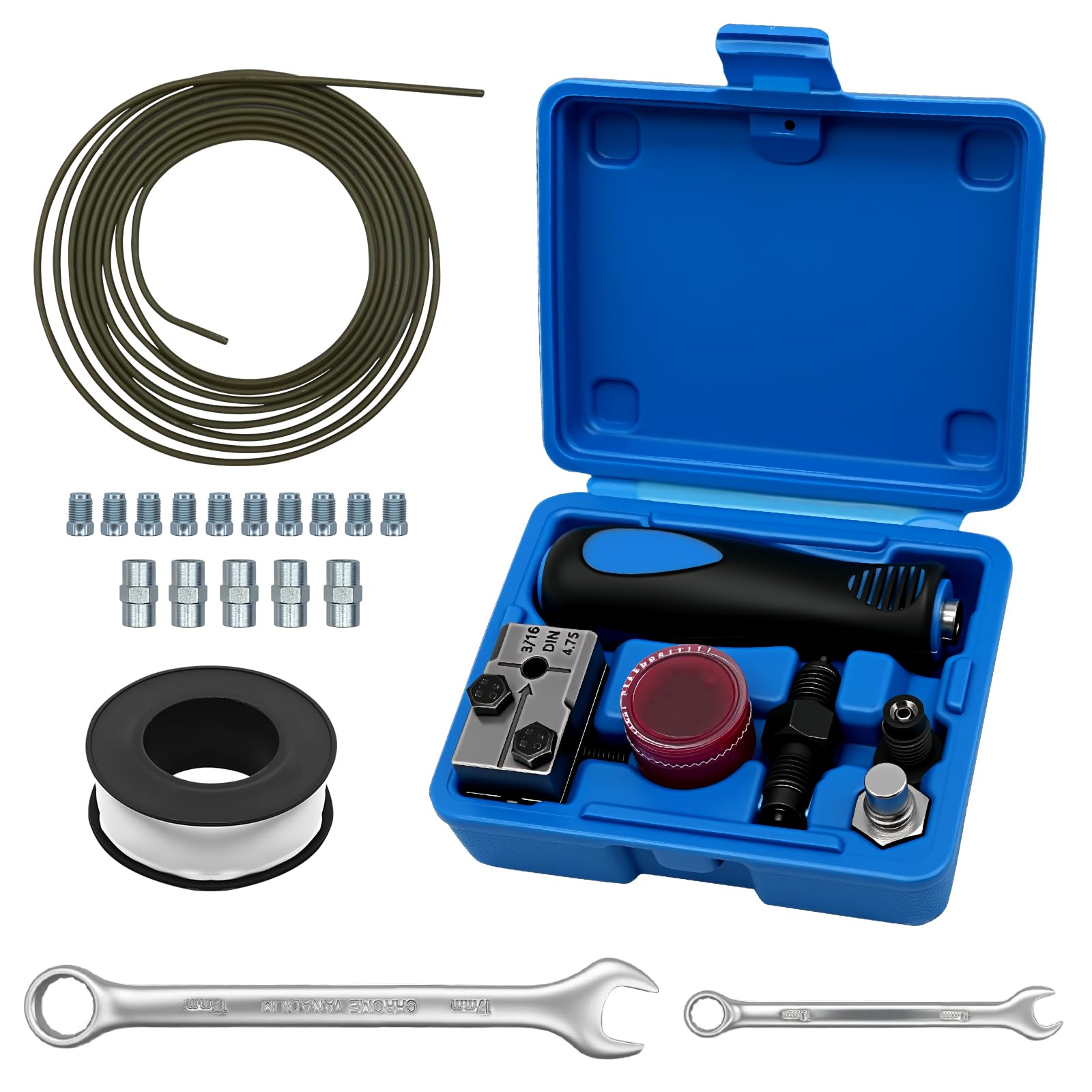 11 piezas de cable de freno para rebordear DIN, con cable de freno de 4,75 mm, 10 conexiones roscadas, 5 conexiones+cinta de sellado PTFE para frenos, cables hidráulicos (juego 2)