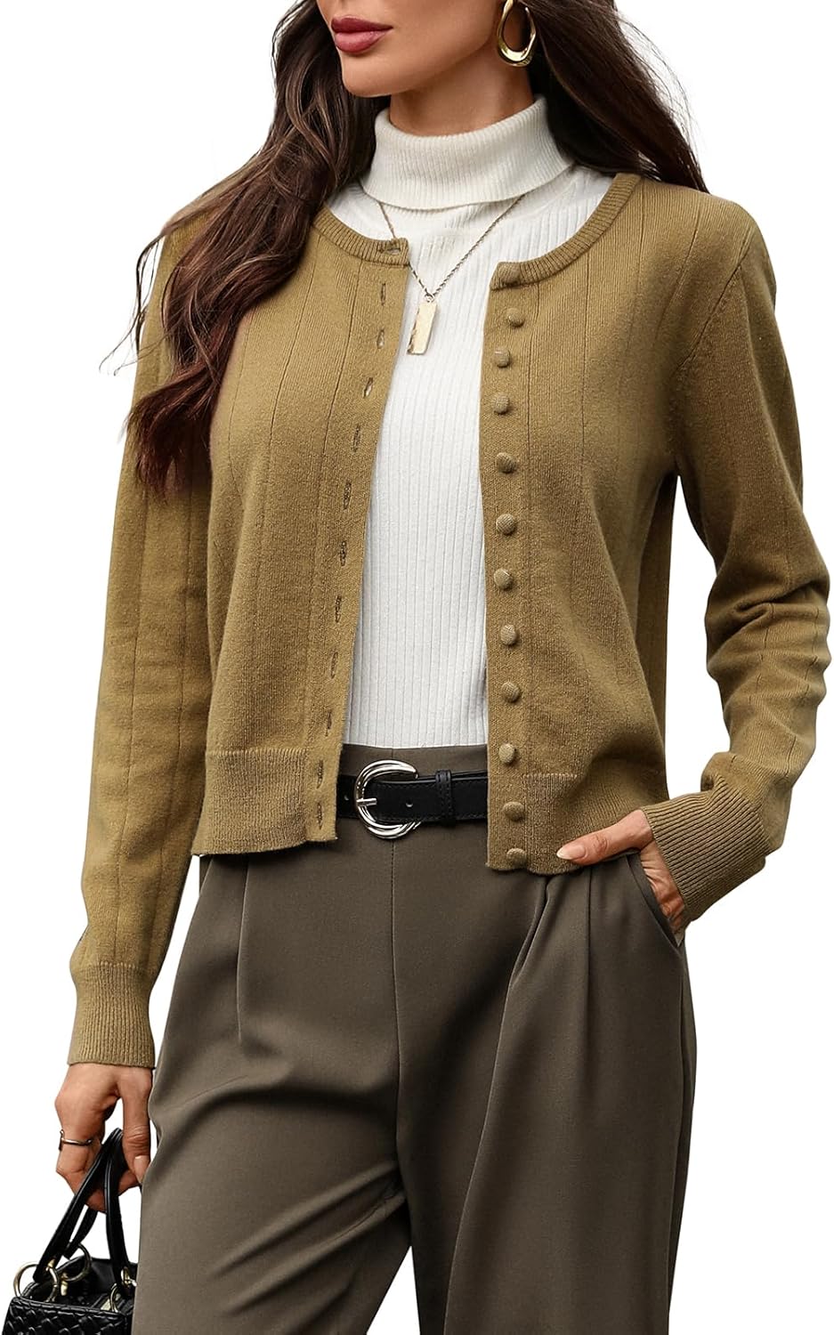 Women's 100% Wool Cropped Cardigan Ribbed Round Neck Button Down Cozy Lightweight Knit Sweater for Office Casual Outfits