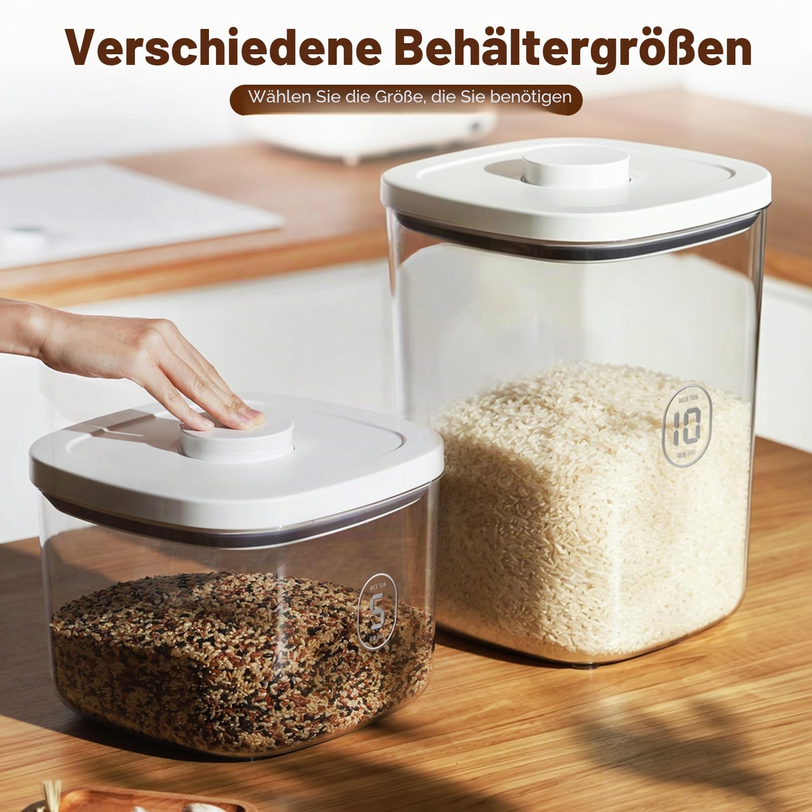 Reis Aufbewahrung 10KG mit Messbecher, Trockenfutter Aufbewahrungsbox 11 Liter, Transparent Vorratsdosen mit Deckel Luftdicht Müslispender, Plastik Getreidevorratsbehälter Küche Mehl, Reis