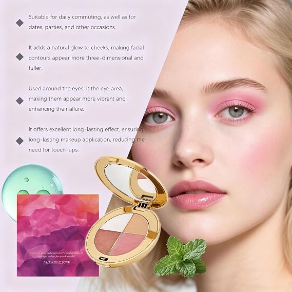 Eye & Cheek Palette - Eyeshadow and Highlighter Makeup, 4-In-1 Face Highlighter Palette for Women, Multi-Purpose Contour Blush and Glow with Mica and Silica, Long-Lasting Silky Texture Makeup Kit