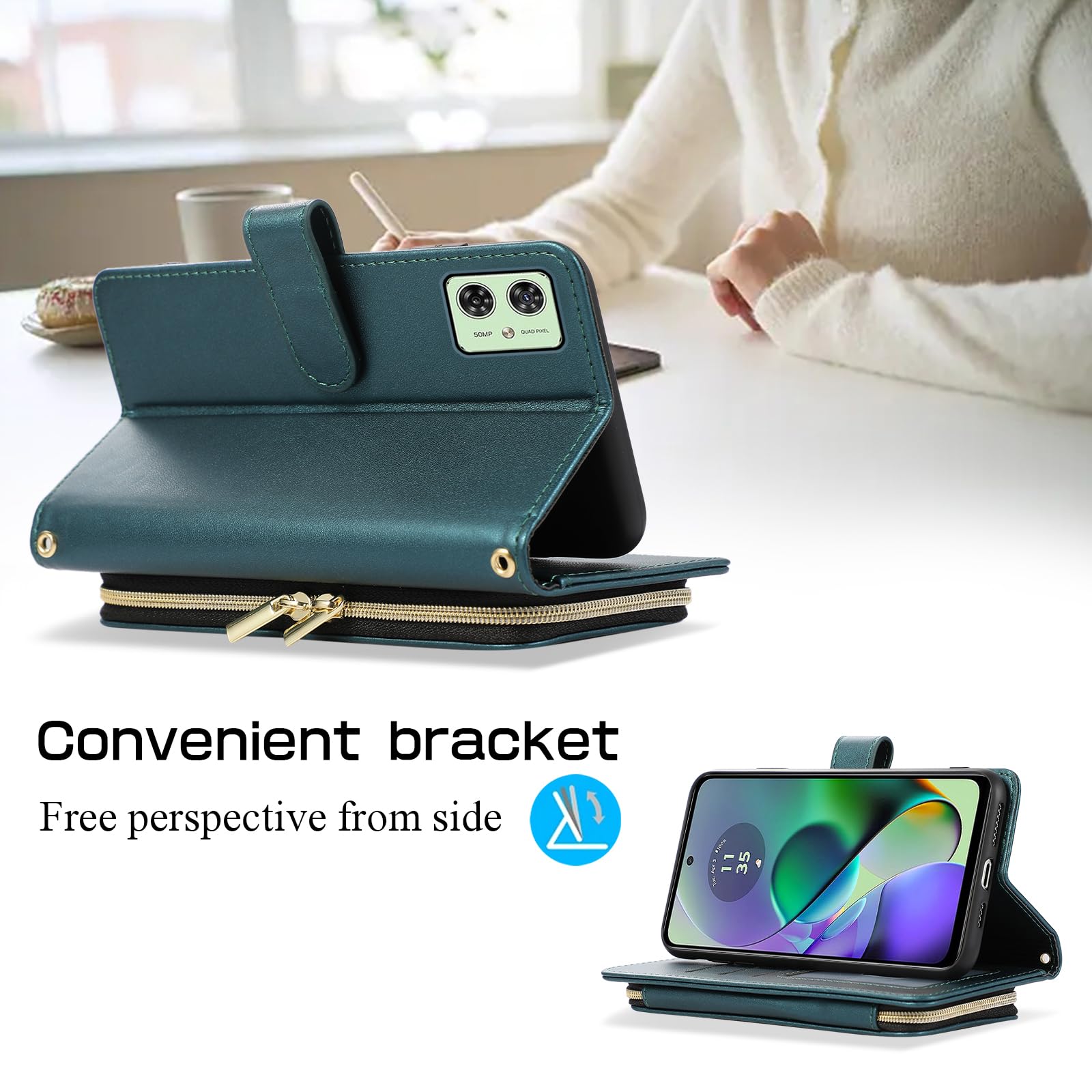 ELISORLI Wallet Case for Motorola Moto G54 5G with Detachable Wrist Strap Crossbody Shoulder Strap 9 Card Slots Zipper Purse Luxury PU Leather Stand Accessories Phone Cover for G 54 2023 Girls Black - Image 2