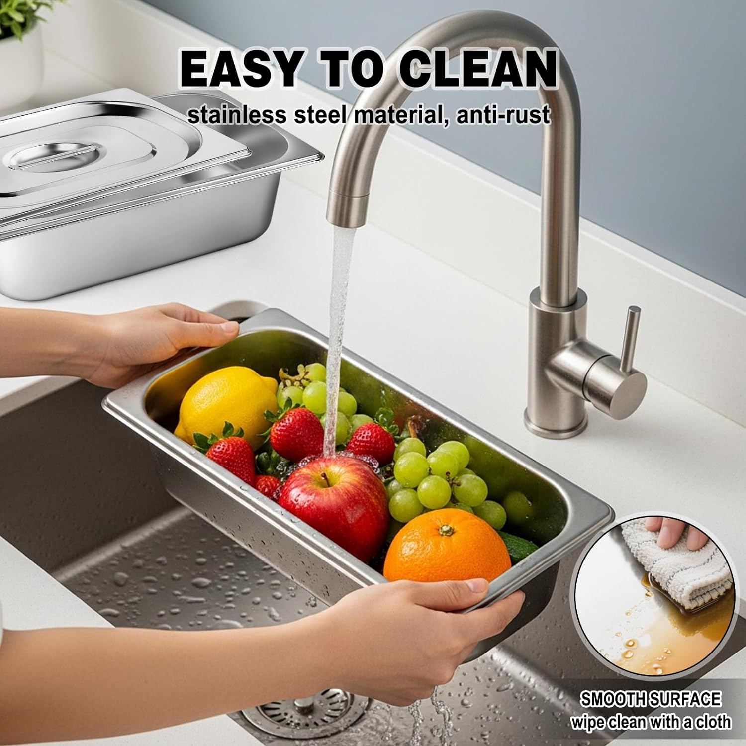 West Bay 4 Pack 1/3 Hotel Pan with Lids, 4'' Deep Steam Table Pan with Lid, 13''L x 6.8''W Stainless Steel Pans for Home, Party, Hotel, Buffet - Image 5