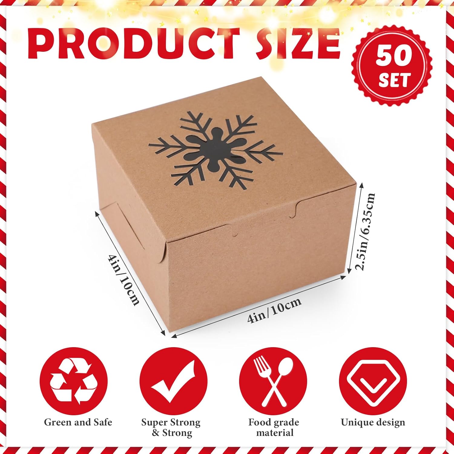 Zhanmai 50 Set Christmas Cookie Boxes with Window 4 x 4 x 2.5 Inches Brown Kraft Treat Boxes Small Xmas Bakery Cupcake Boxes Square Holiday Gift Box for Xmas Party Favor Pastries, Brownies, Donuts - Image 2