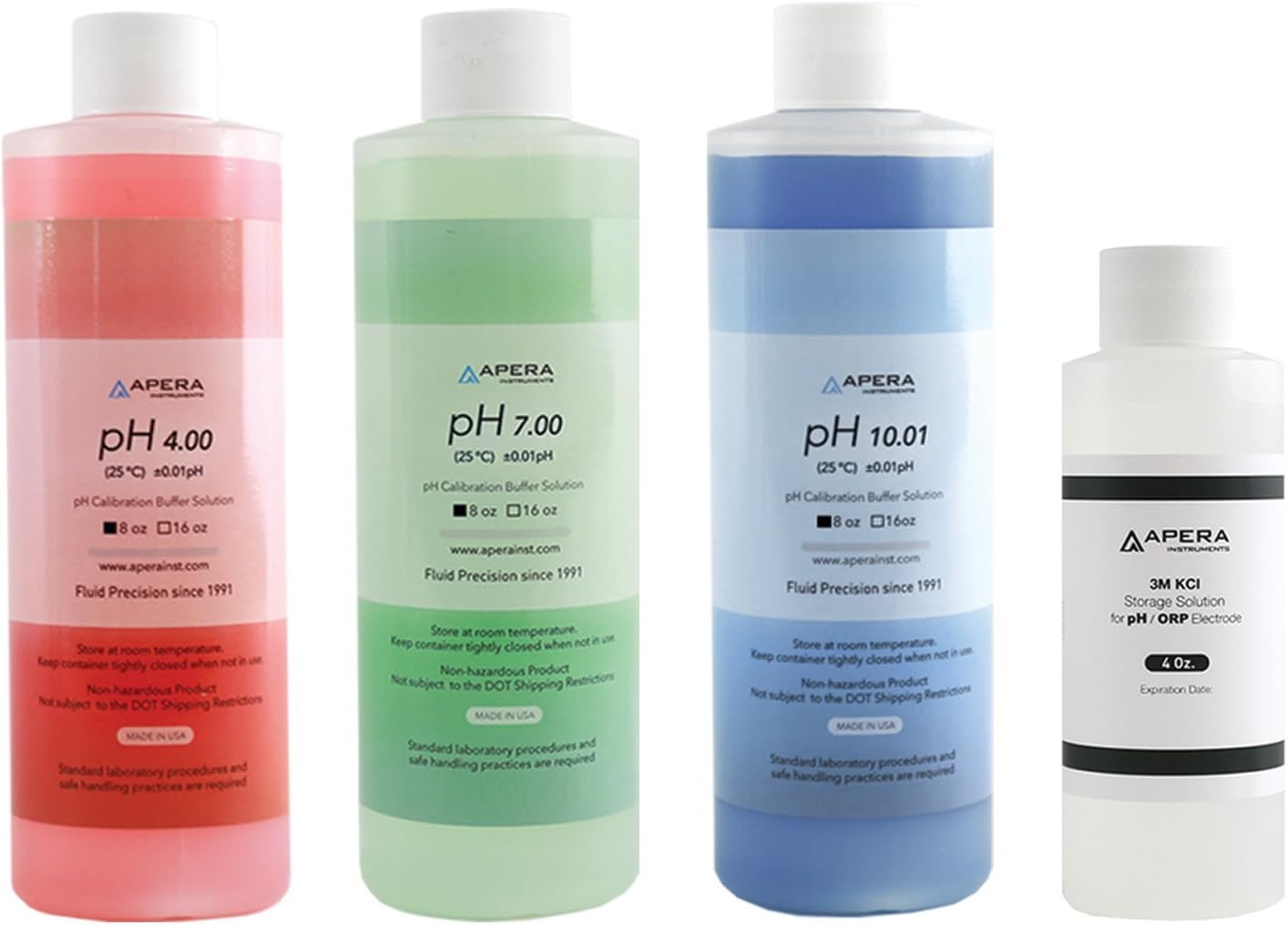 Apera Instruments, LLC-AI1109 8oz. pH Calibration Buffer Solution Kit (pH 4.00, 7.00 & 10.01), plus 4oz 3M KCL Storage Solution for pH/ORP Electrodes