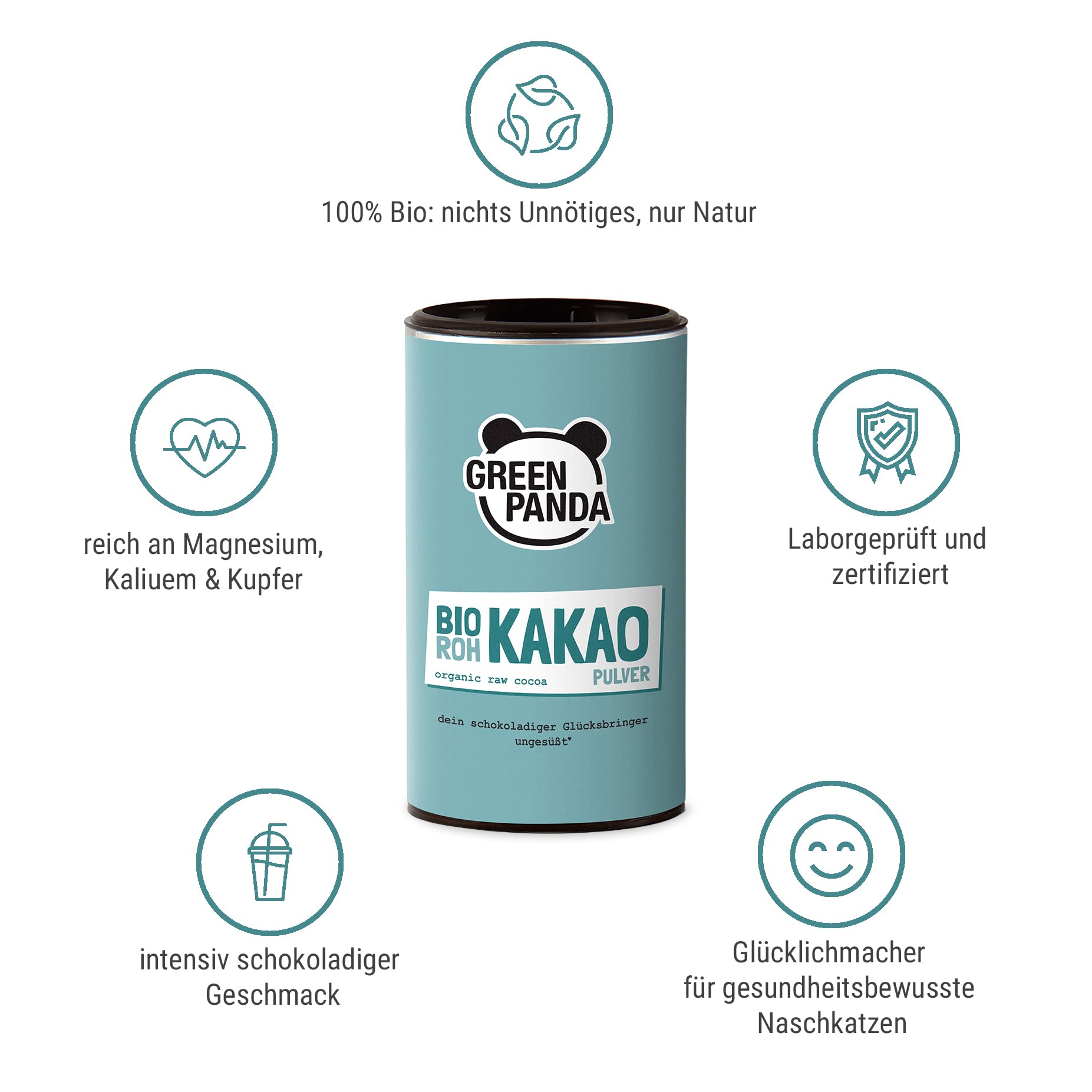 GREEN PANDA© Cacao amaro in polvere puro bio | Cacao magro estratto a bassa temperatura | cacao crudo in polvere per cioccolata calda, frullati, dessert, da forno o in muesli | 2 x 125 g
