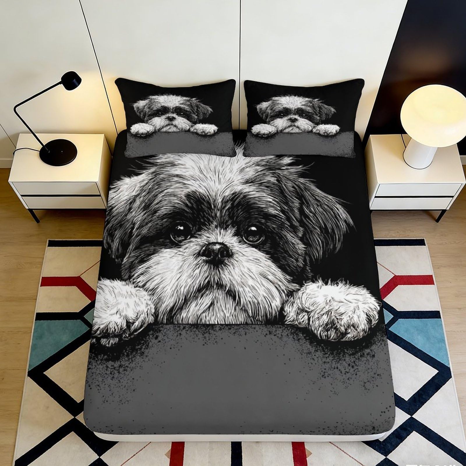 Kzqnxhjprl Style-7 3D Printed Black White Dog Fitted Sheet Microfiber Soft Breathable Puppy Mattress Cover For Bedroom Dorm Mattress Protection Decor 90X200x25cm
