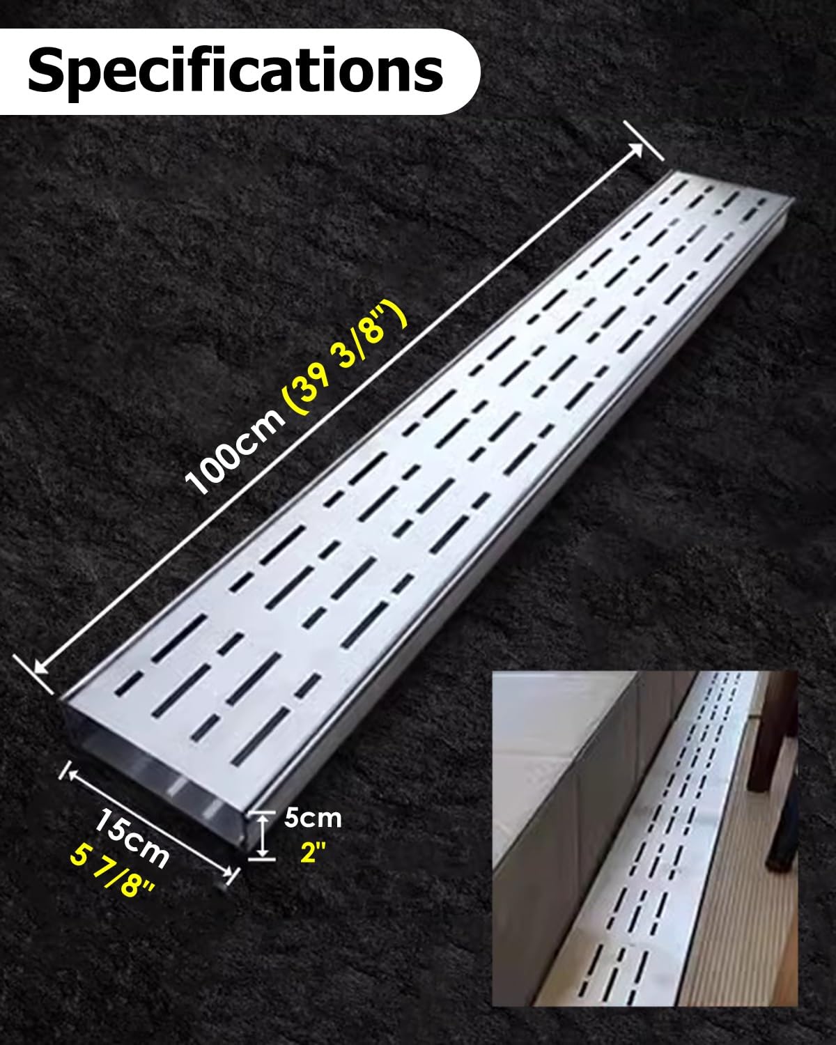 Canaleta de Drenaje Drenaje de Canal de Alta Resistencia, Bajante de Acero Inoxidable para Canaleta de Piso, Kit de Drenaje de Zanja para Entrada de Vehículos, Patio, Terraza, Baño, Fácil Instalación(