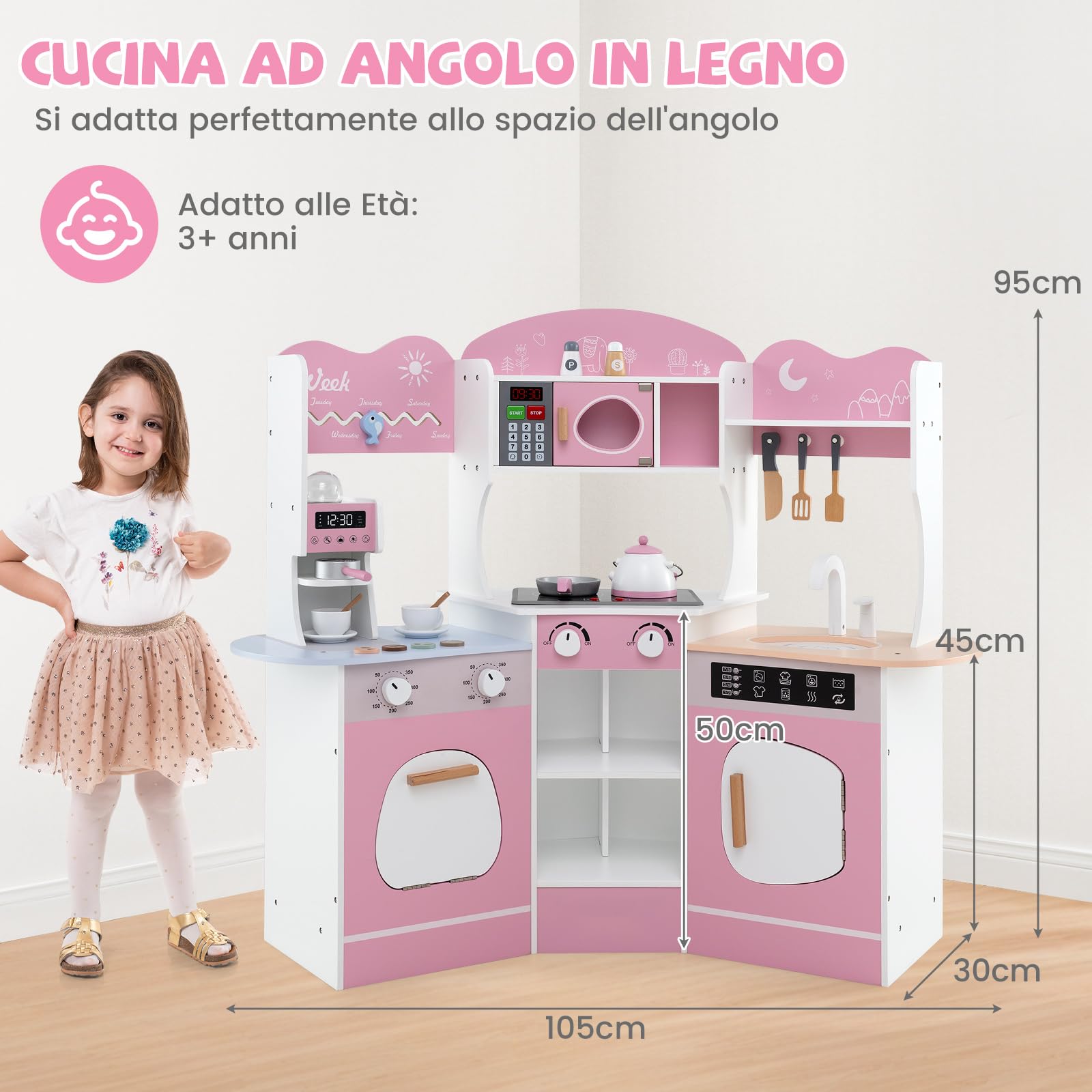 COSTWAY Cucina Giocattolo Angolare con Fornelli e Micronde da Suoni e Luci, Cucina per Bambini in Legno con Macchina Caffè, Lavandelo, Forno e Lavatrice, Set Cucina con Accessori (Rosa)